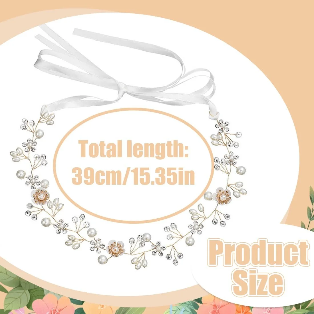 Вінок для волосся жіночий, весільний, золотий, з перлинами, стразами, квітами та стрічкою, фото №6