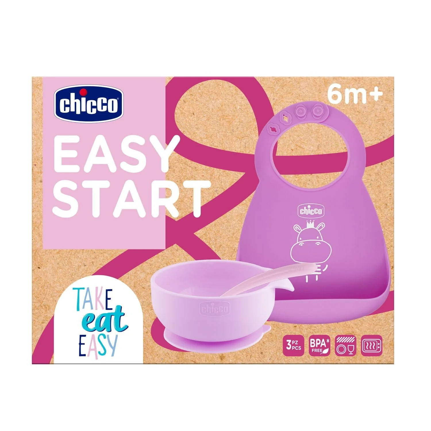 Набір для годування Chicco Silicone Baby Nutrition Set, 3 предмети, слинявчик, тарілка з мискою, ложка, 6міс+, рожевий, без BPA, фото №1