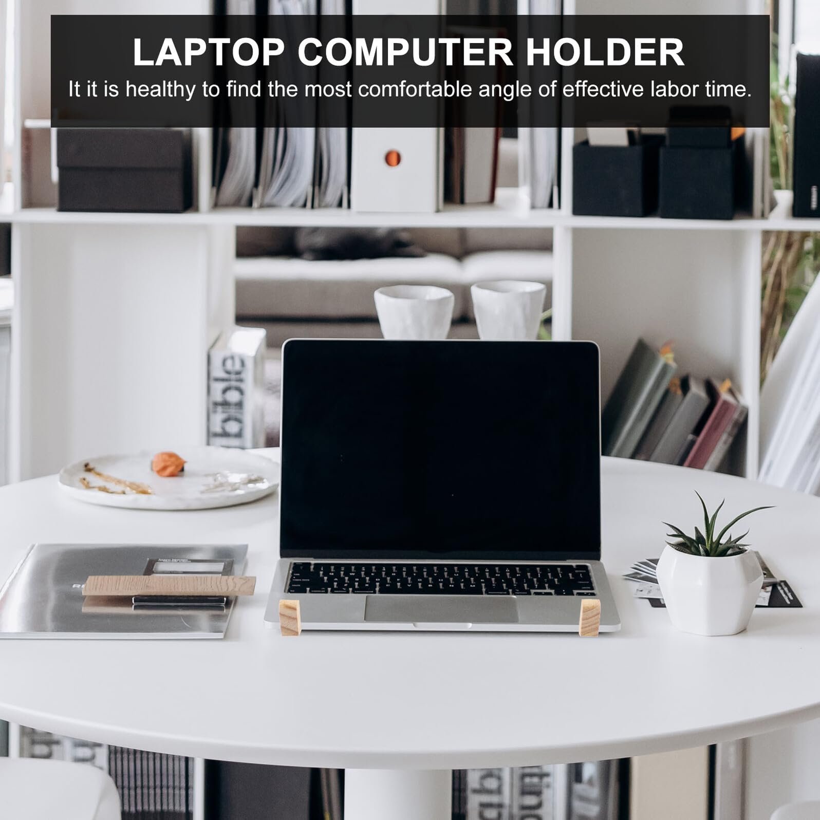 Подставка для ноутбука Деревянная OUNONA Регулируемая по высоте Эргономичная для стола Офиса Домашнего офиса Улучшает осанку Снимает напряжение с шеи и плеч Подходит для ноутбуков, фото №6