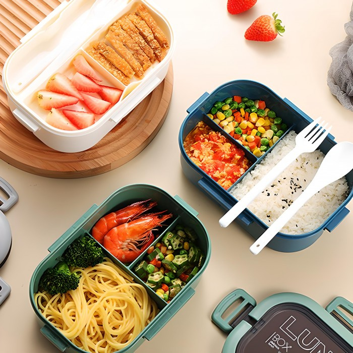 Пластиковый двошаровый ланч бокс с приборами Wonder 1200 мл зеленый, фото №4