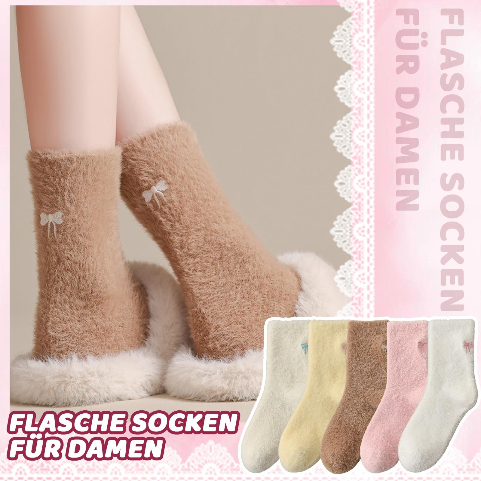 Женские мягкие носки 39-42, 5 пар, пушистые носки для зимы с бантами, 5 цветов, фото №3