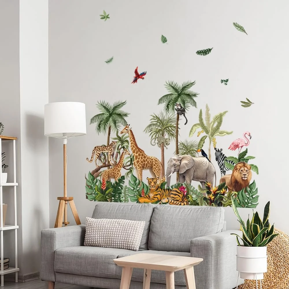 Наклейка на стіну milaosk Animals of the Rainforest Jungle Giraffe Elephant Lion Tiger Leaves велика, фото №4