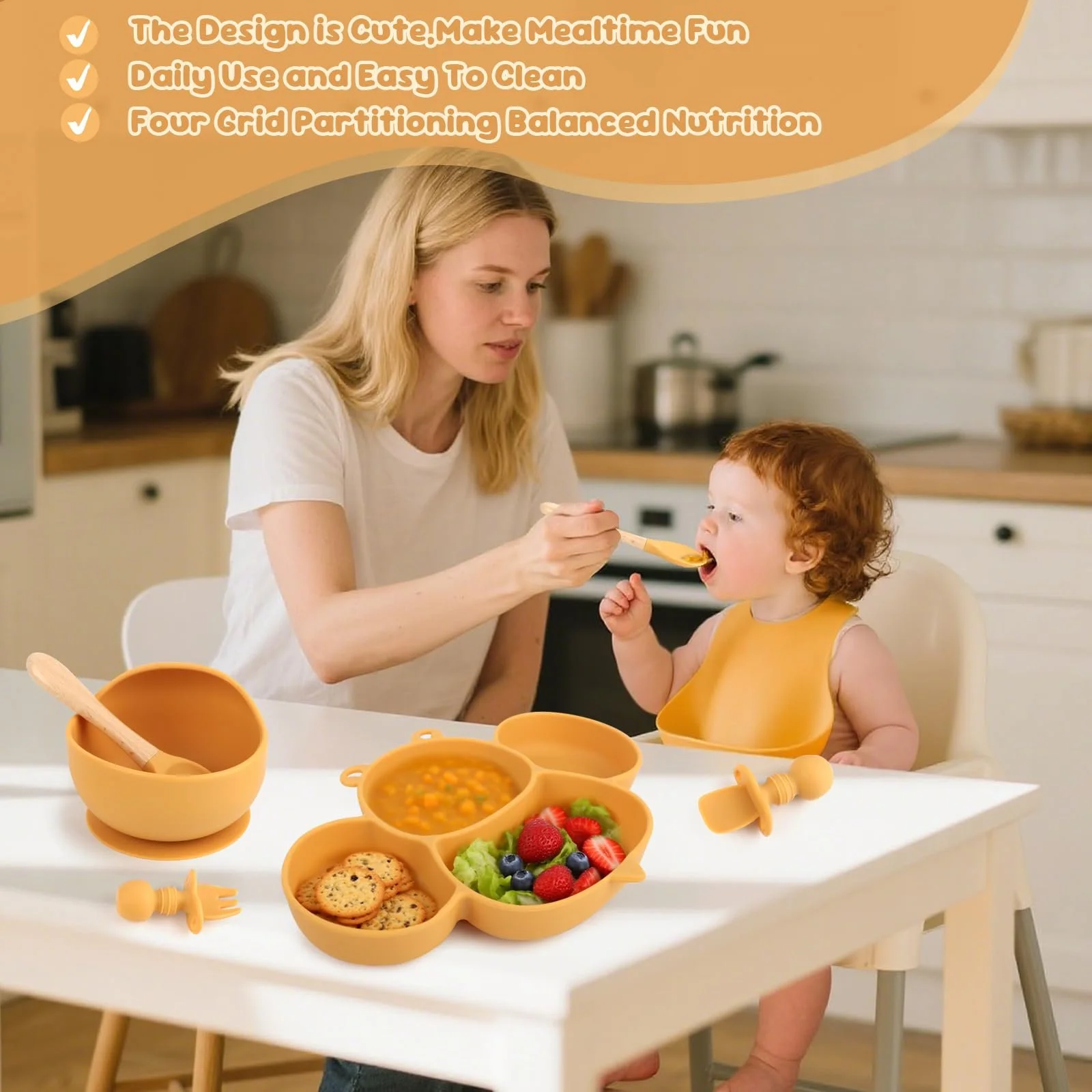 Набор детской силиконовой посуды, нескользящий с присоской, 8 предметов: детская тарелка, детская тарелка с присоской, силиконовая чашка, ложка, вилка, нагрудник, чашка для питья, фото №5