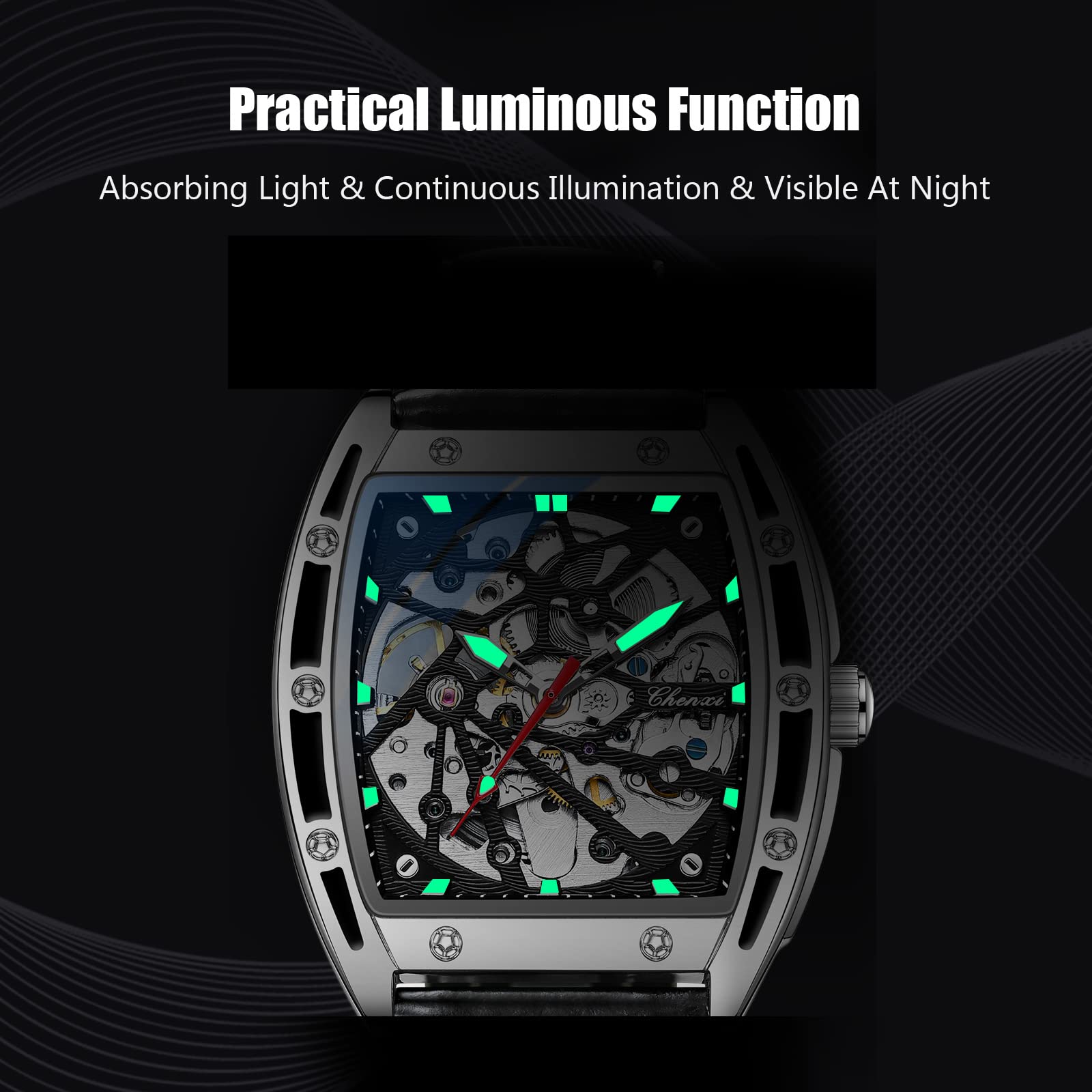 Часы rorios Мужские Автоматические Механические Кожаный Ремешок Бочкообразный Люминесцентный Скелетон Циферблат Наручные Часы, фото №4