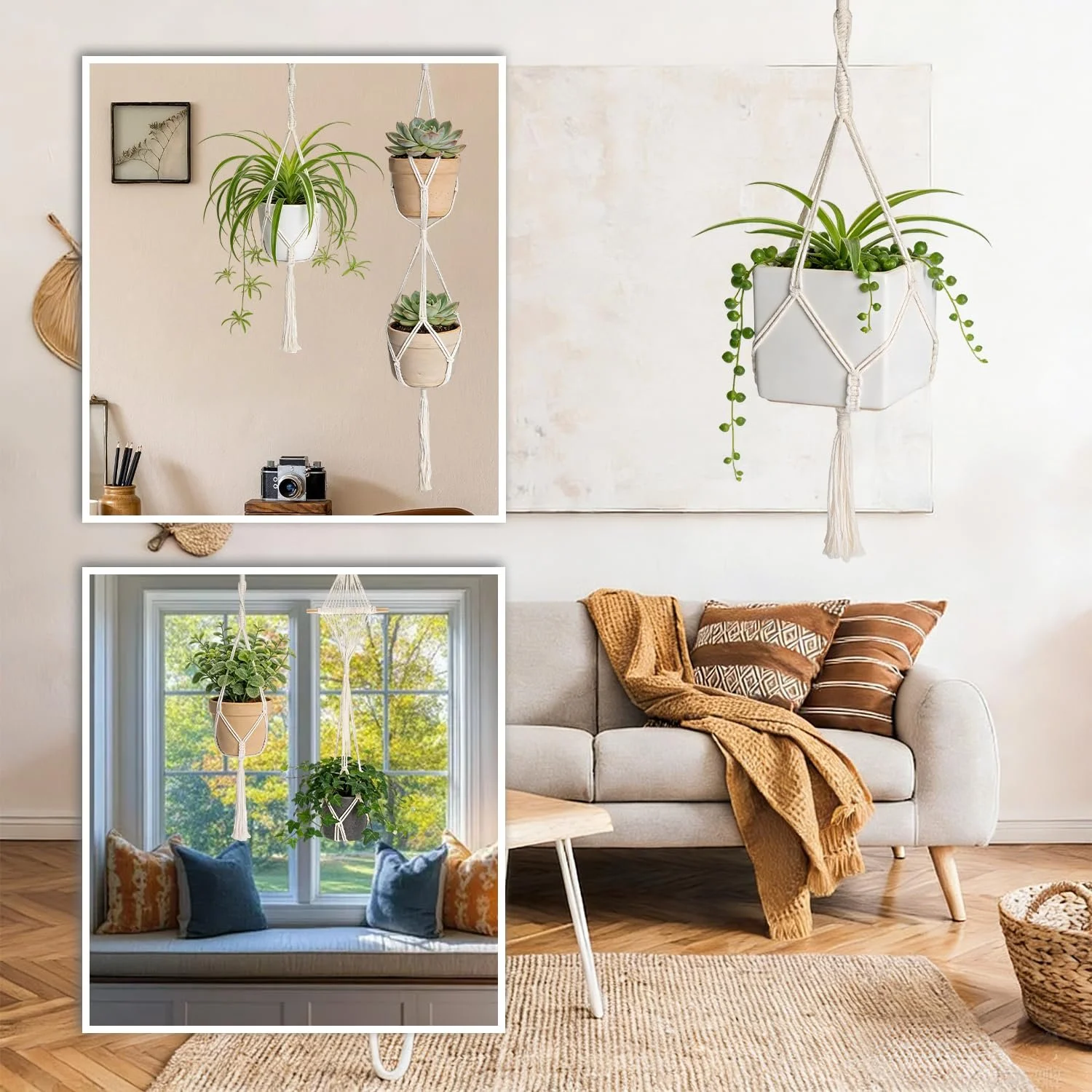 Підвісні кашпо макраме HUKUMA Набір 4 шт. бавовна з гачками та китицями, фото №6 Підвісні кашпо макраме HUKUMA Набір 4 шт. бавовна з гачками та китицями, фото №6