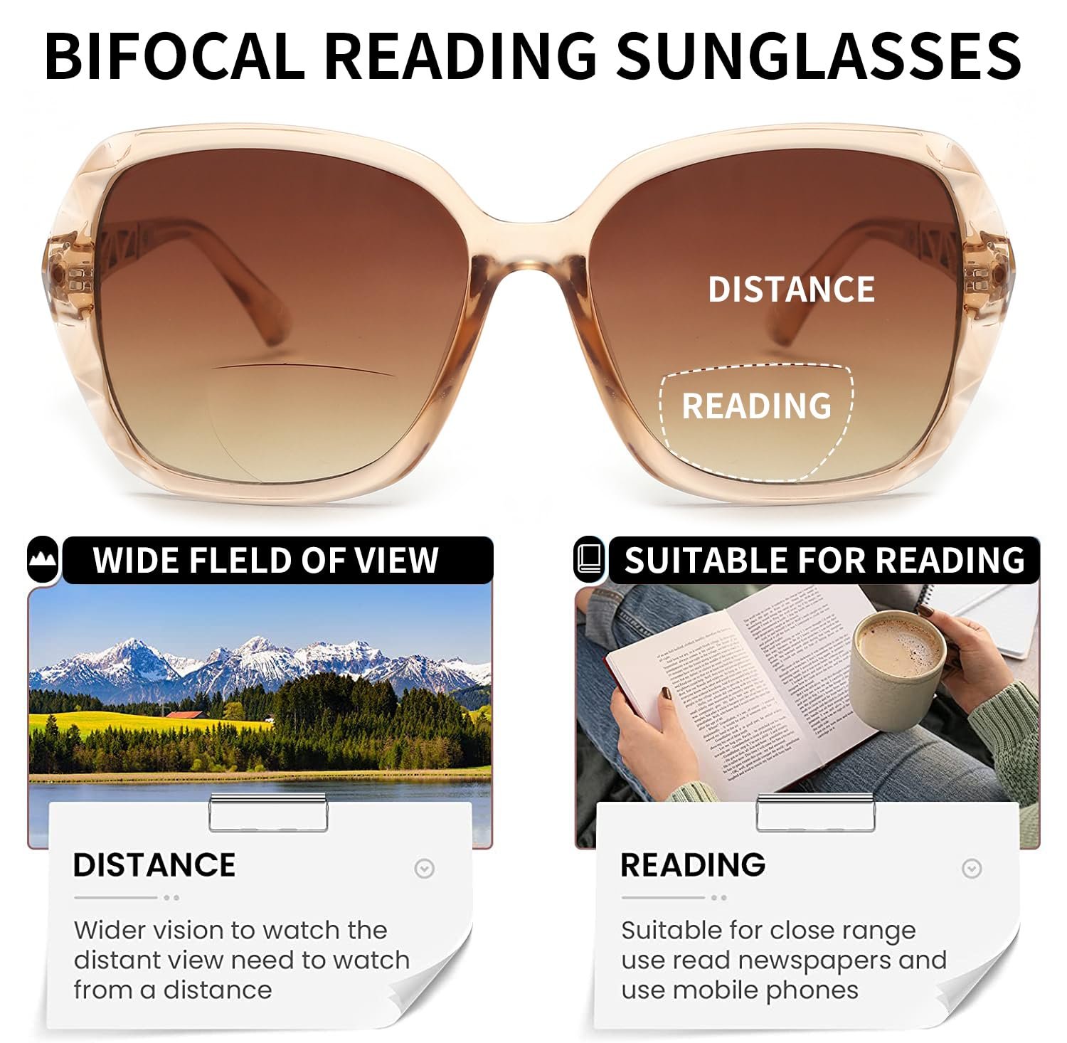 Сонцезахисні окуляри для читання JM Bifocal, великі лінзи для читання для жінок, захист від ультрафіолету для вулиці, фото №3