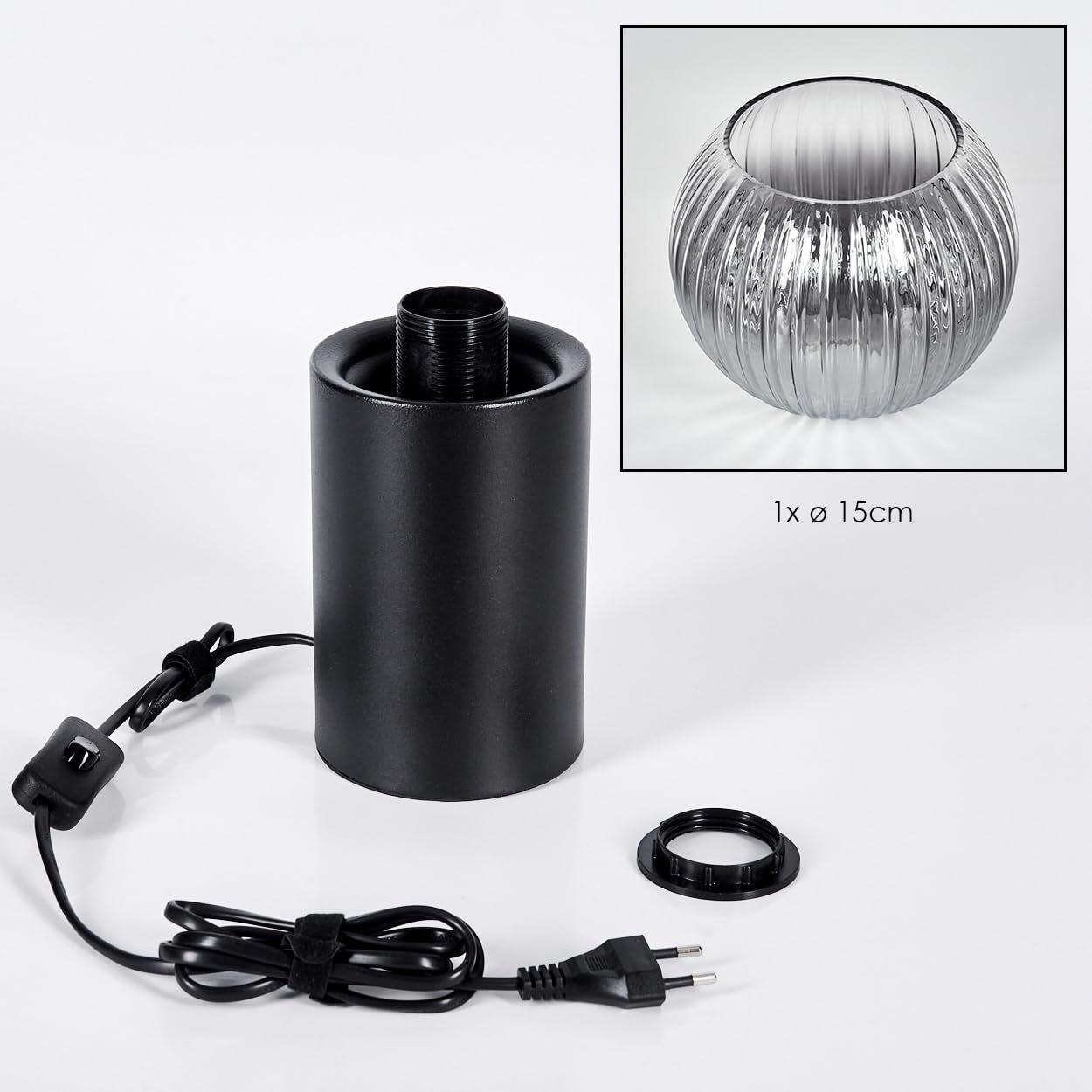 Настільна лампа HOFSTEIN Koyoto метал / ребристе скло Чорний/Димчастий/Прозорий, фото №5