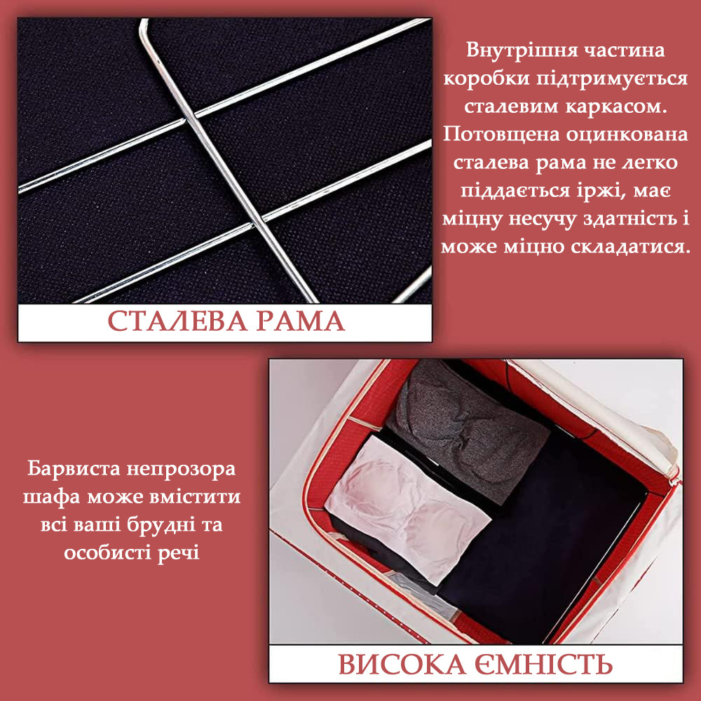 Кофр-органайзер для хранения вещей с металлическим каркасом HMD красный горох 60х40х38 см 103-10227416, фото №6 Кофр-органайзер для хранения вещей с металлическим каркасом HMD красный горох 60х40х38 см 103-10227416, фото №6