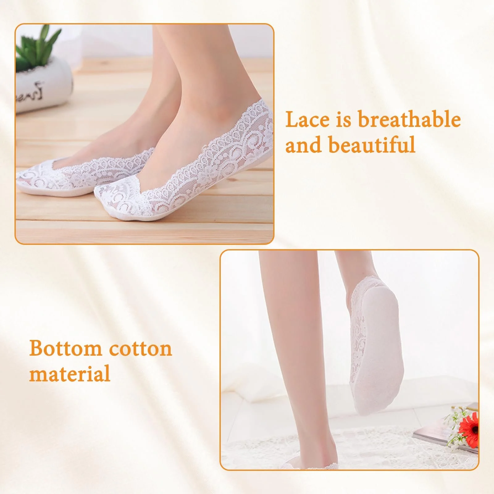Женские носки Кружевные 10 пар Балетки Невидимые носки Хлопок Дышащие Кружевные носки для высоких каблуков и кроссовок Низкие (разноцветные), фото №3
