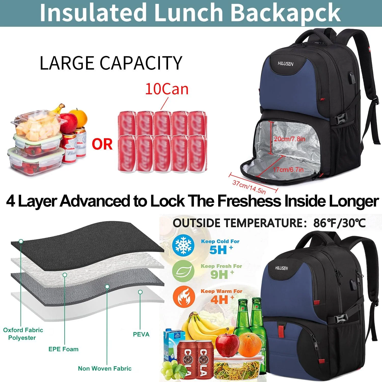 Рюкзак для ноутбука HILUSEN 50L 17.3 дюймів з USB-портом Blue, фото №3 Рюкзак для ноутбука HILUSEN 50L 17.3 дюймів з USB-портом Blue, фото №3
