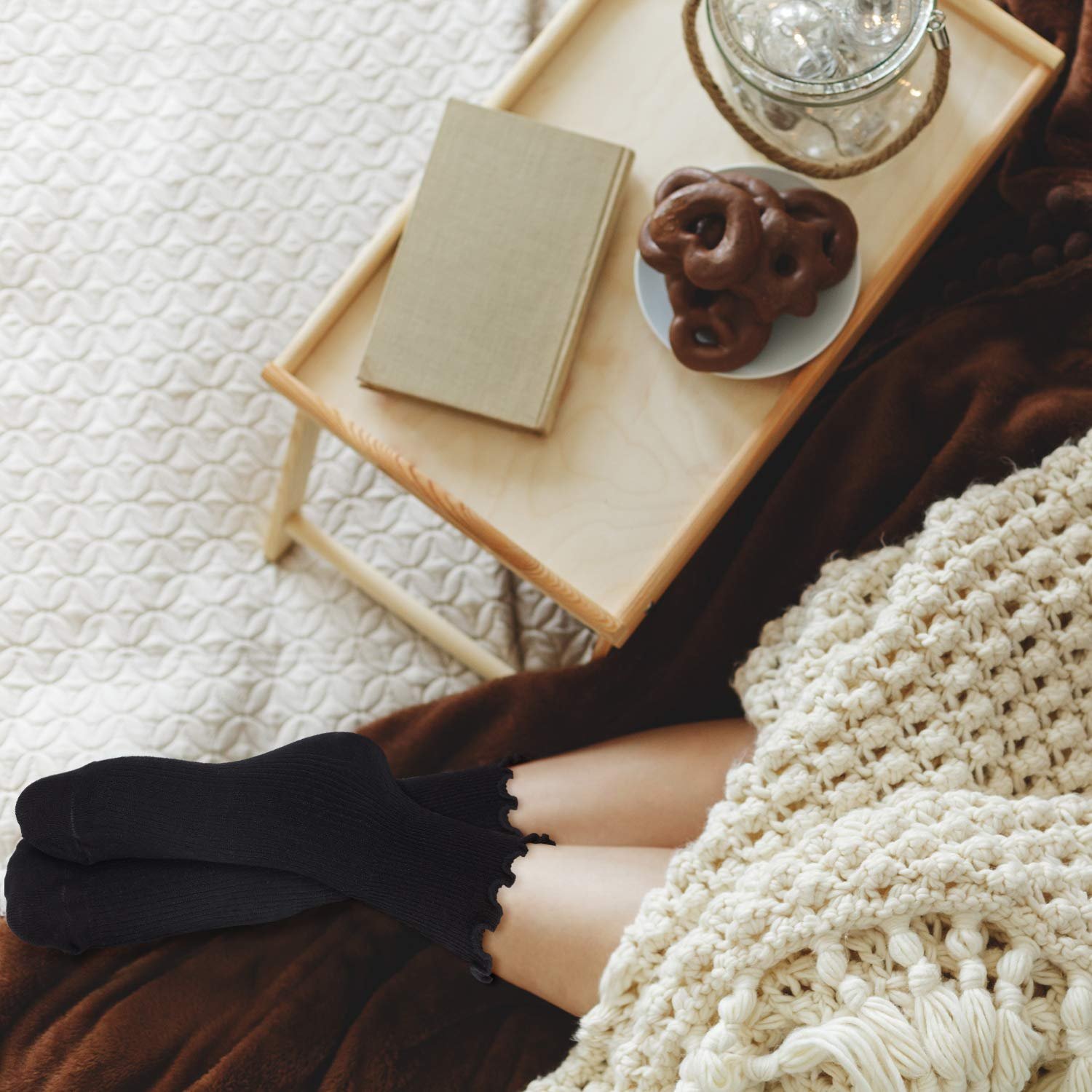 Женские носки, кружевные носки с оборками, вязаные носки с однотонным салатным краем, 6 пар, Einheitsgr,, фото №5