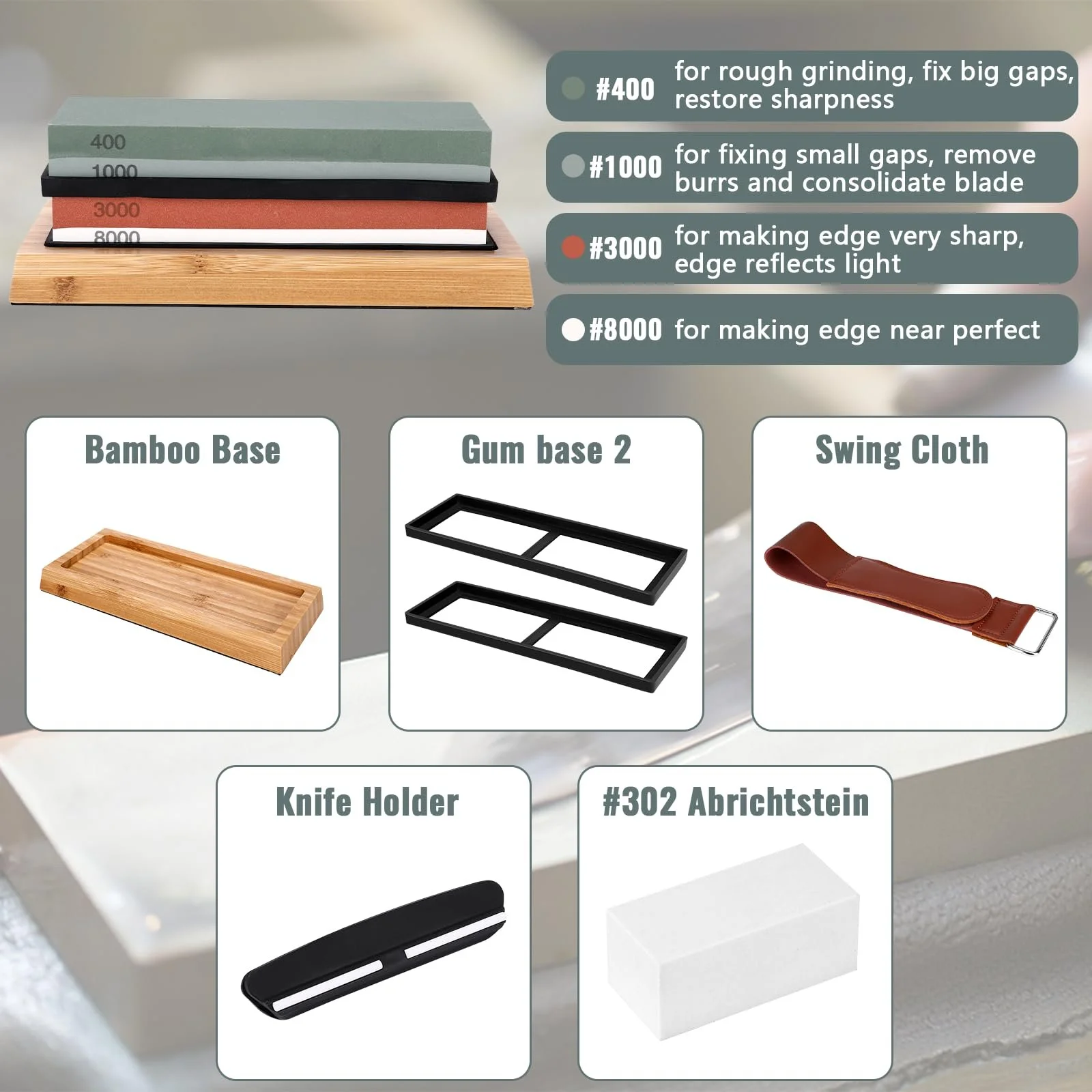 Набір точильних каменів 400/1000 3000/8000 Двосторонні з бамбуковою основою та аксесуарами, фото №2
