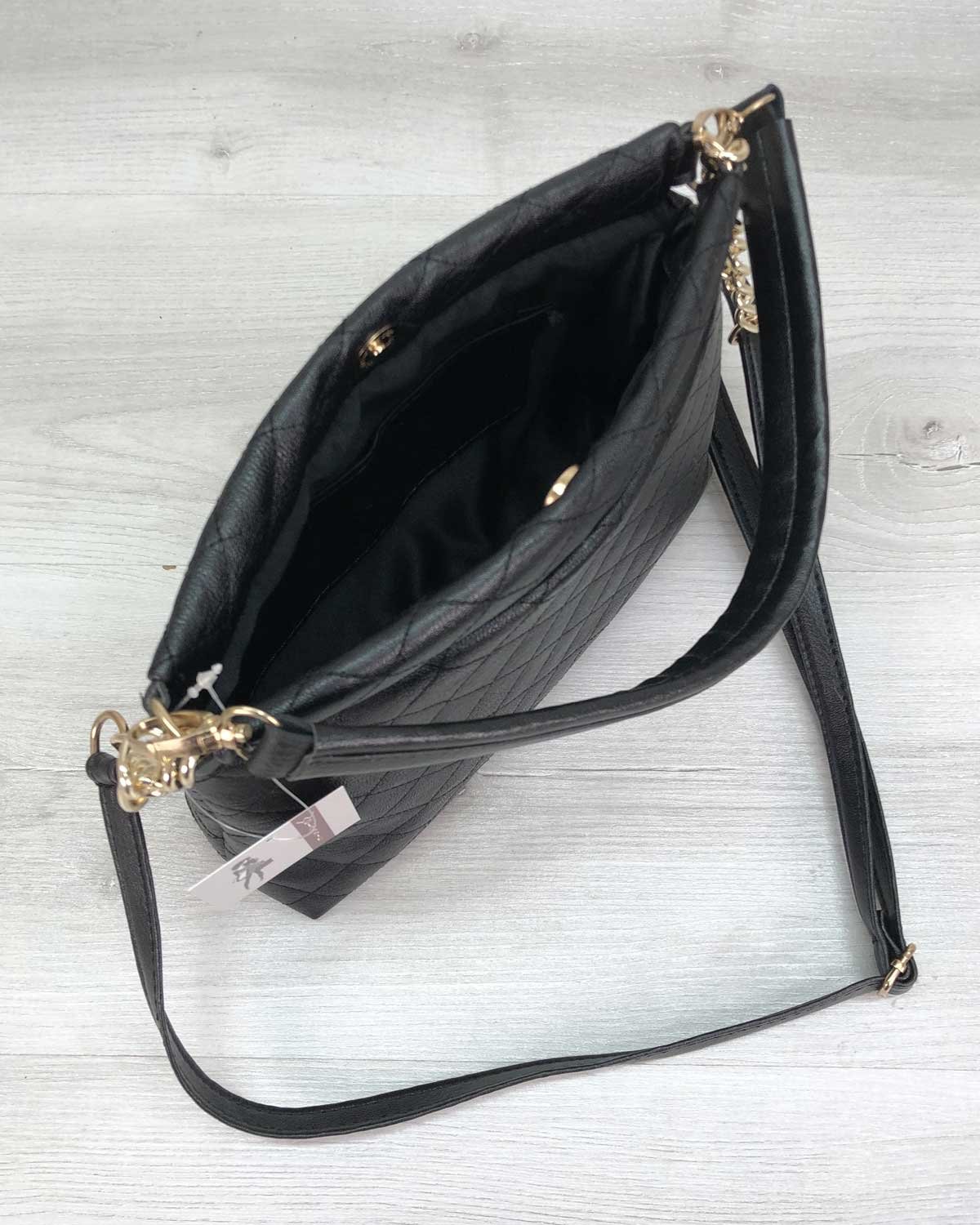 Жіноча чорна сумка на плече з довгим і коротким ременем, з ланцюжком, фото №3