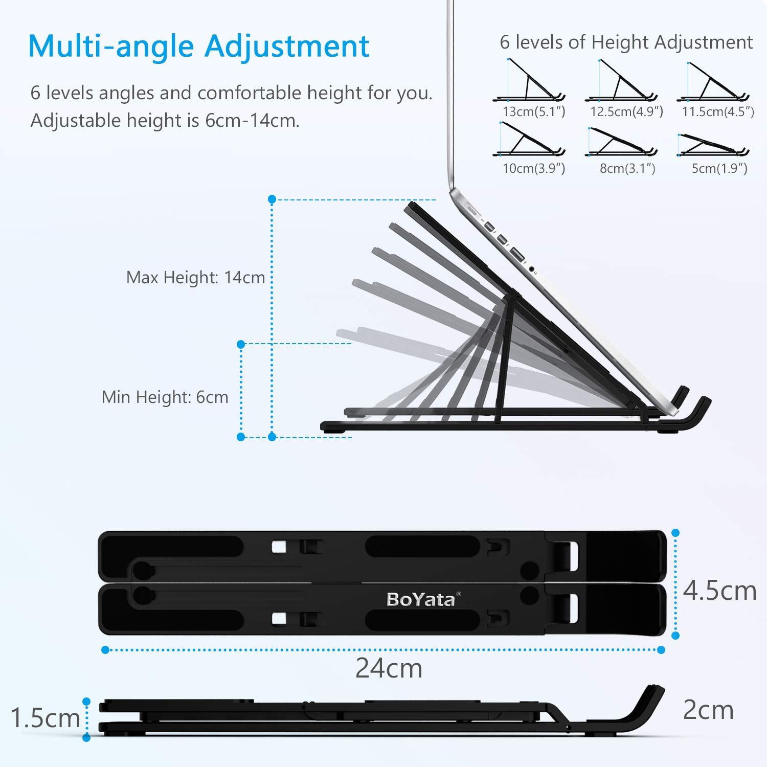 Подставка для ноутбука BoYata, 6 уровней регулировки высоты, портативный держатель для ноутбука для стола, складная алюминиевая подставка, совместима с MacBook Air, Dell XPS, большинство 10-15,6-дюймовых ноутбуков, черная, фото №2