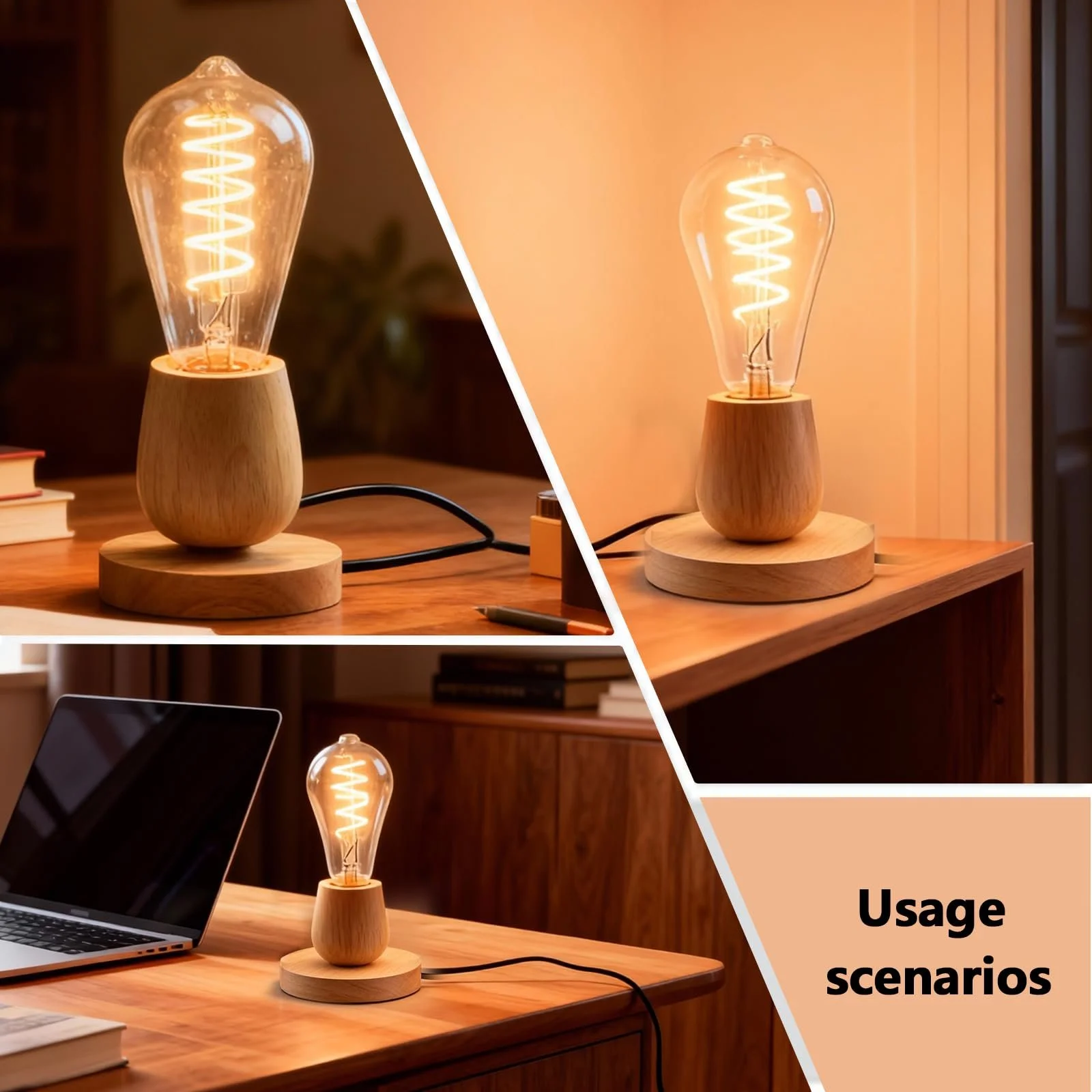 Настільна лампа дерев'яна E27 з кабельним вимикачем ретро (без лампочки), фото №7