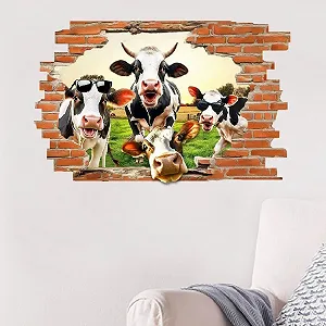 Наклейка на стіну SUPERDANT З розбитою стіною та коровами Мультяшна Самоклеюча Вінілова Водостійка 90 x 60 см - Фото 1