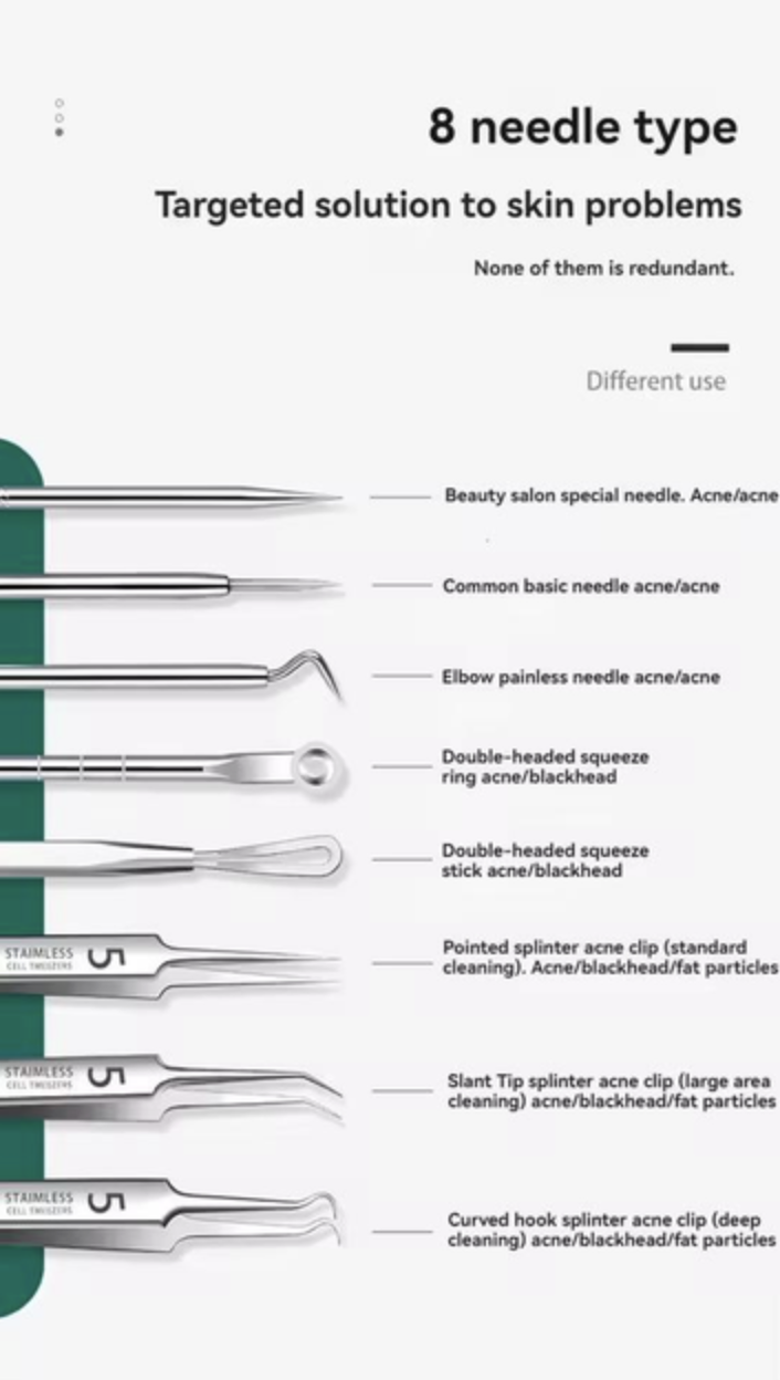 Набір інструментів для очищення обличчя та тіла, видалення прищів, вугрів і акне, 8 штук Сріблястий, фото №2