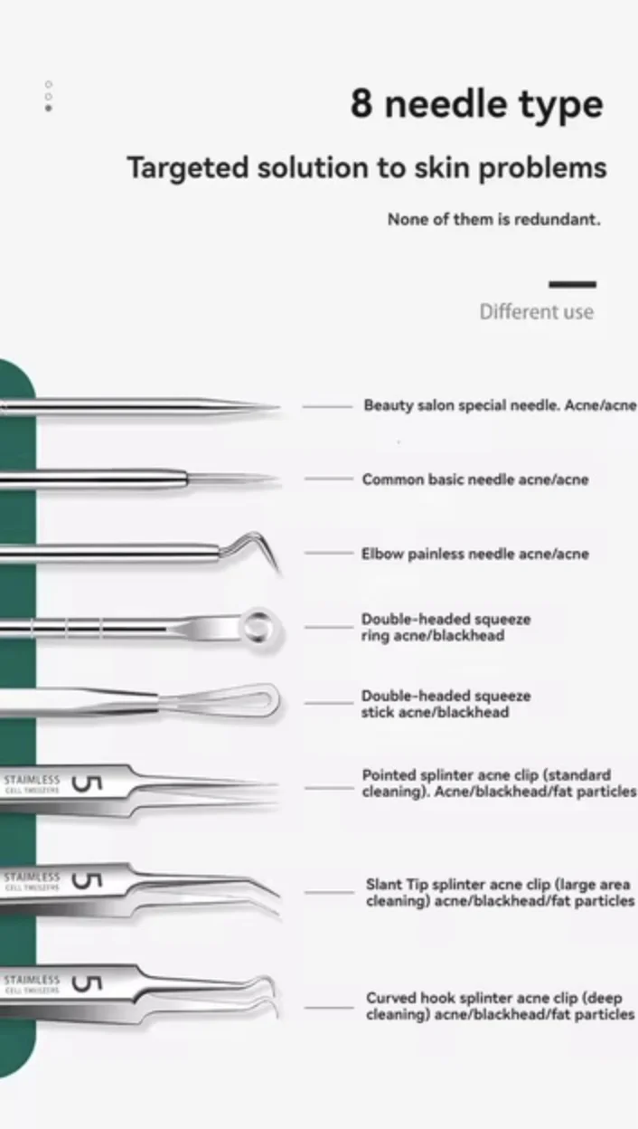 Набір інструментів для очищення обличчя та тіла, видалення прищів, вугрів і акне, 8 штук Сріблястий, фото №2