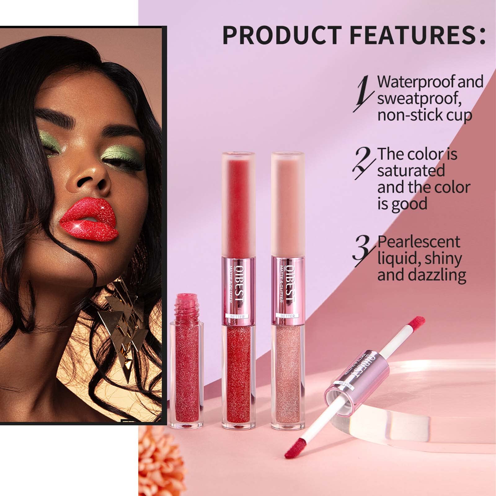 Блиск для губ Aseawave Matte Lipstick 6 шт + блиск для губ Glitter Lip Gloss 6 шт 2-in-1 24 годин стійкий Червоний з металевим блиском, фото №2