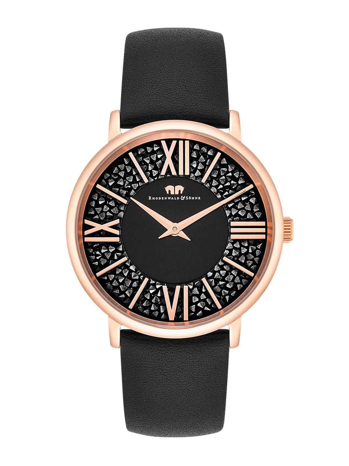 Жіночий годинник Rhodenwald & Söhne, аналоговий, кварцовий, Japan, 10010335, чорний шкіряний ремінець, прикрашений кристалами, золотий, фото №1 Жіночий годинник Rhodenwald & Söhne, аналоговий, кварцовий, Japan, 10010335, чорний шкіряний ремінець, прикрашений кристалами, золотий, фото №1