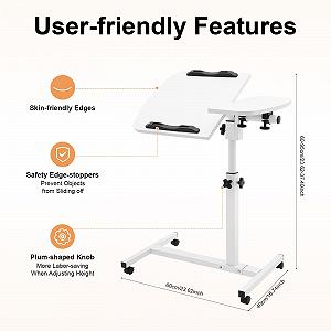 Столик для ноутбука, регулируемый по высоте 60–95 см, на колесиках, прикроватный столик, мобильный столик для ноутбука, регулируемый угол наклона, складной, 2 столешницы 40x40 см & 20*40 см, для кровати, офиса, дивана, белый synthetic.ua - Фото 1