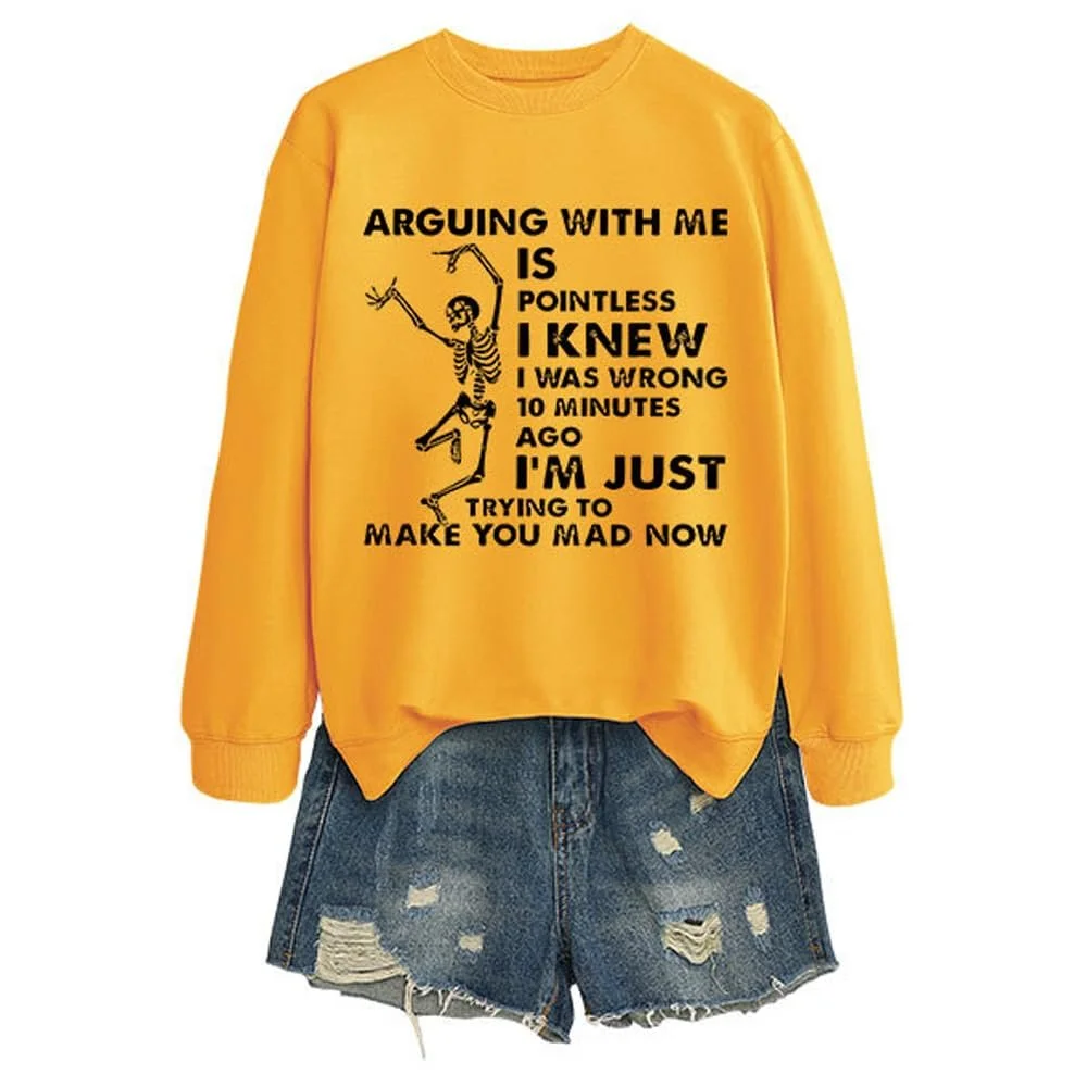 Женский свитшот MLZHAN Спорить со мной бессмысленно, смешной, танцующий, принт скелета, рубашка с длинными рукавами, повседневный пуловер, фото №3