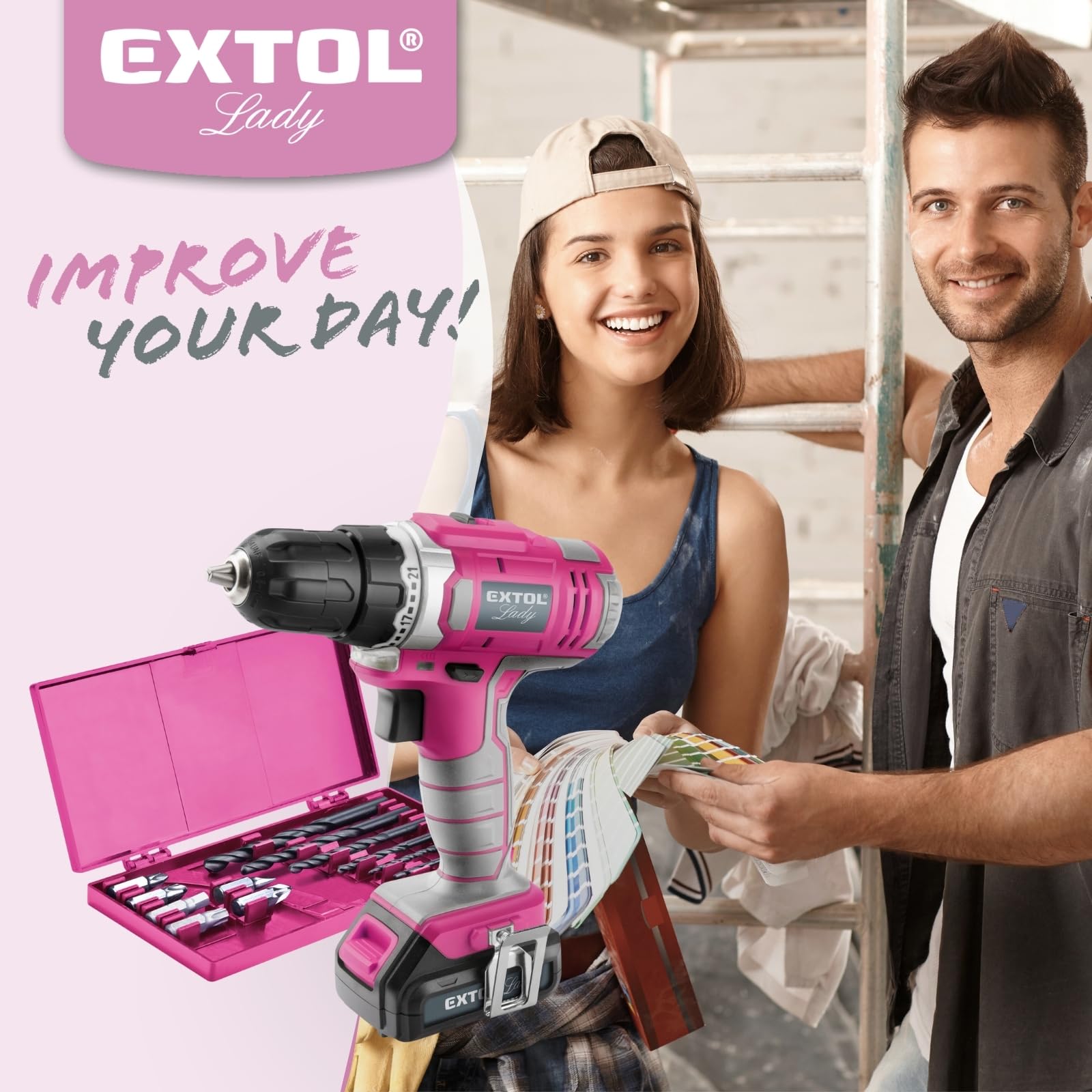 Дриль-шурупокрут Extol Lady 12 V Li-Ion 1300 mAh рожевий з кейсом 6 насадок (подовжений шліц, PH і PZ) та 6 свердел (1-6 мм), фото №6 Дриль-шурупокрут Extol Lady 12 V Li-Ion 1300 mAh рожевий з кейсом 6 насадок (подовжений шліц, PH і PZ) та 6 свердел (1-6 мм), фото №6