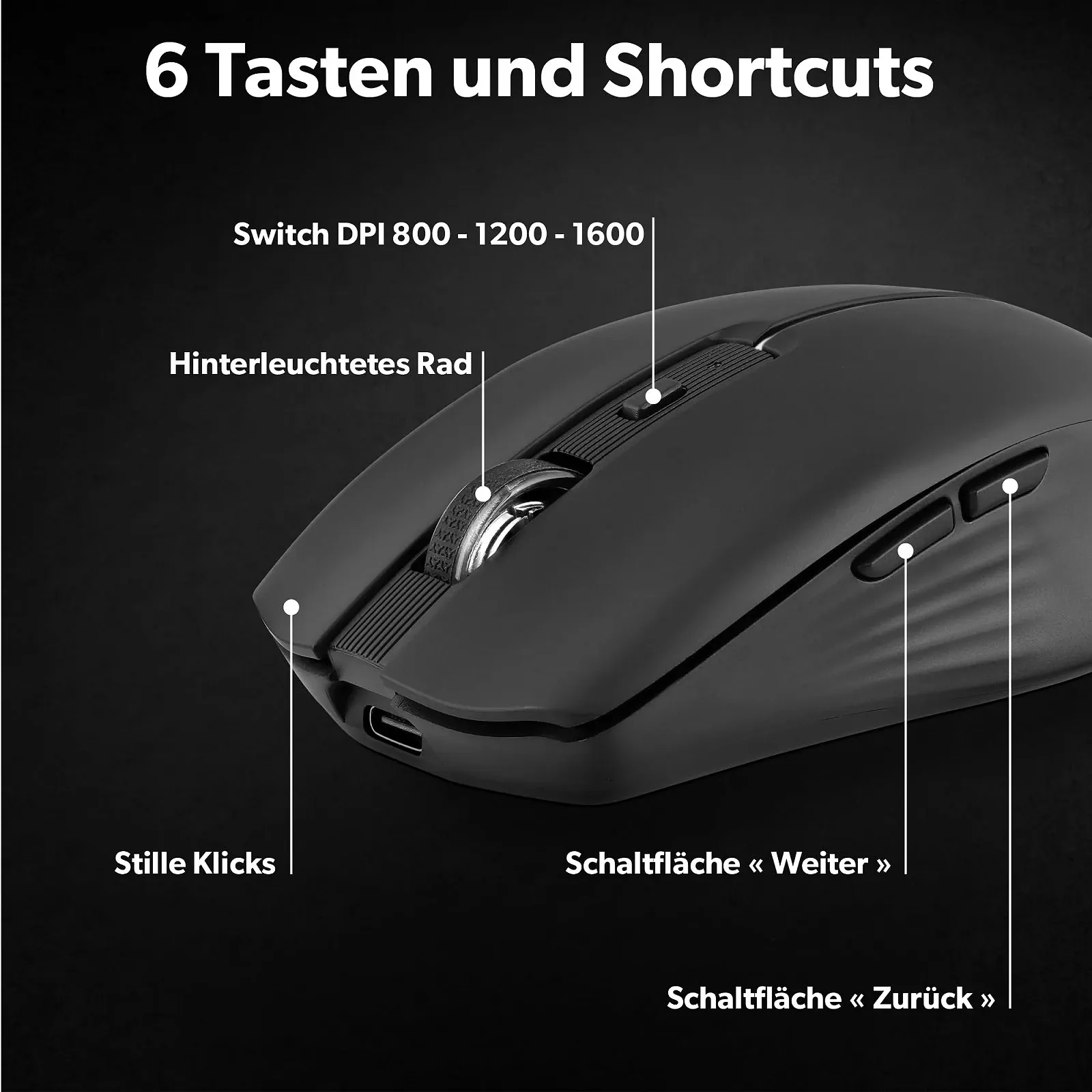 Мышь Беспроводная T'nB Dual Mode Bluetooth и USB-A, Перезаряжаемая, 1600 DPI, 6 Кнопок, Черный, фото №5