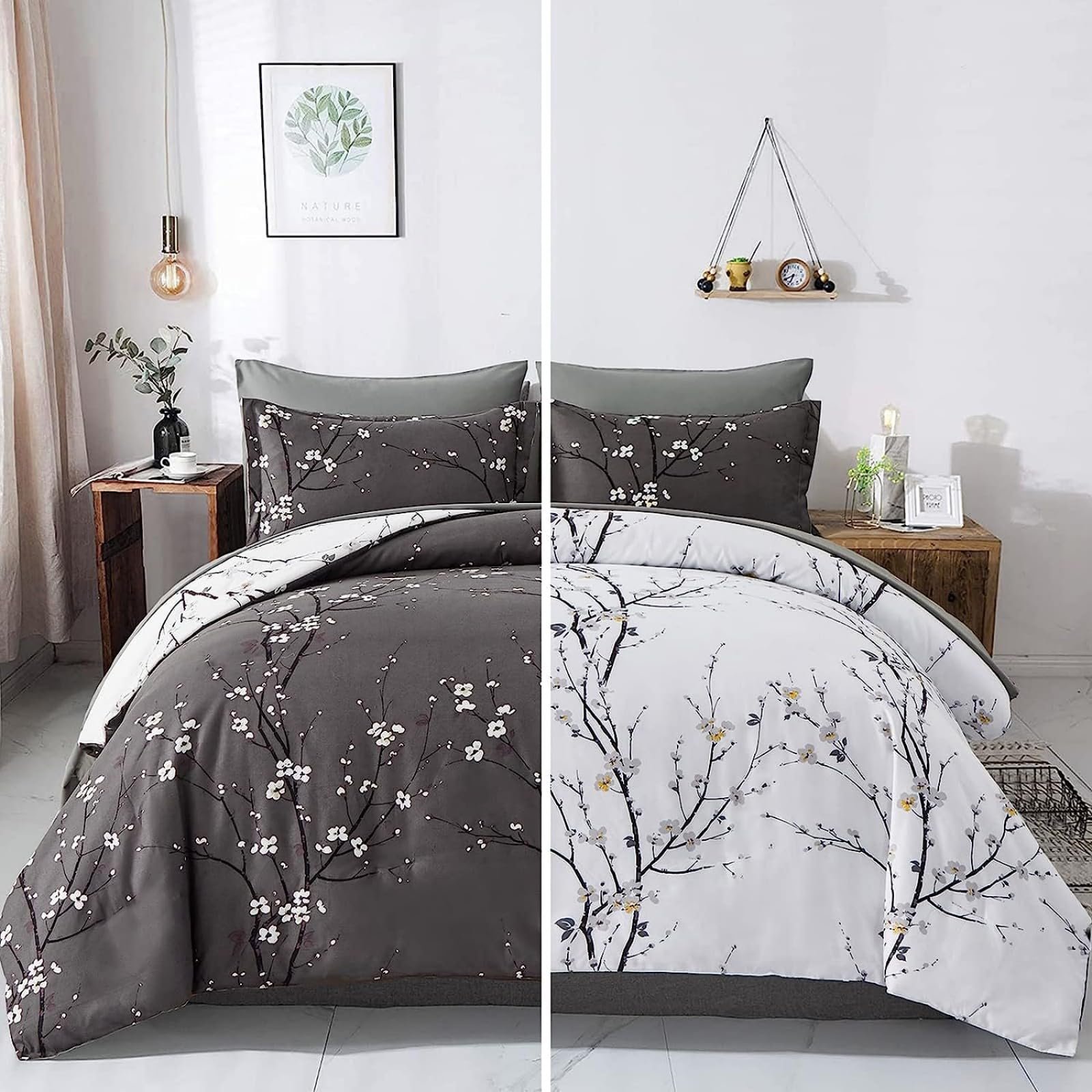 Постельное белье Freyamy Цветок 135 x 200 см, 2 предмета, серый, антрацит, сливовый цвет, ветка цветущей сливы, фото №1