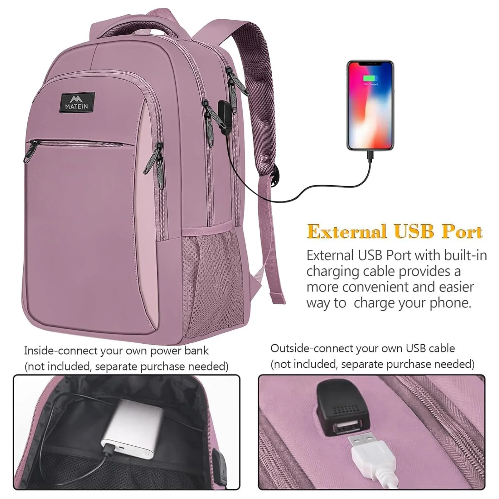 Рюкзак для ноутбука MATEIN 15.6" деловой с USB-портом фиолетовый, фото №2 Рюкзак для ноутбука MATEIN 15.6" деловой с USB-портом фиолетовый, фото №2
