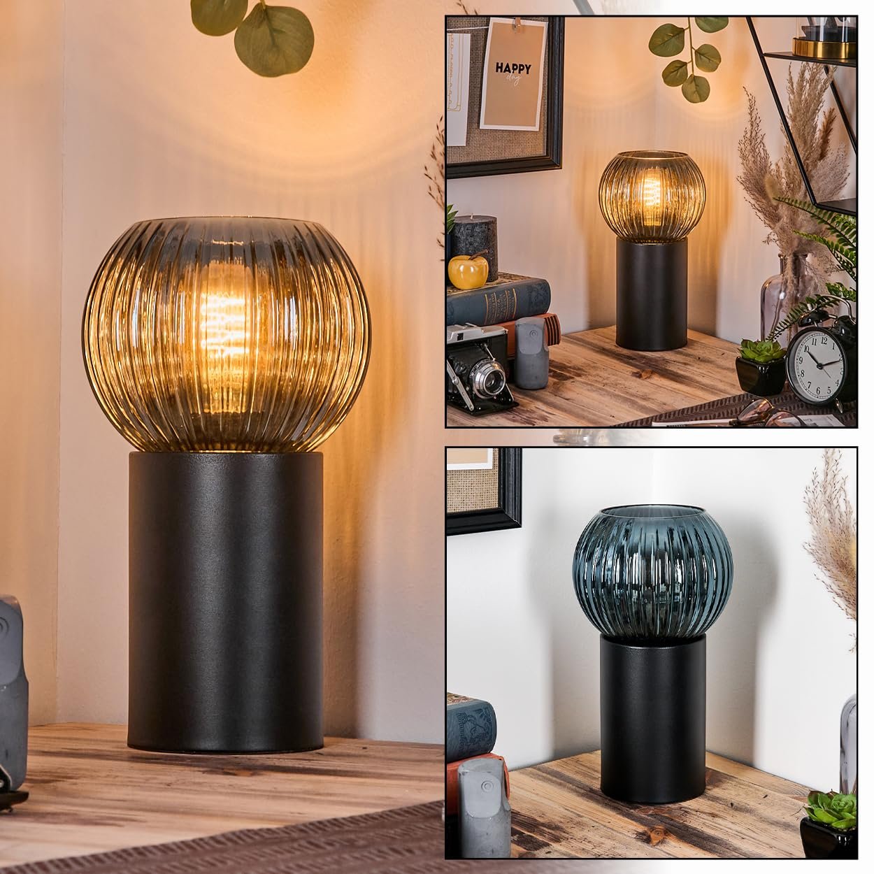 Настільна лампа HOFSTEIN Koyoto метал/рифлене скло Ø 15 см E27 Чорний/Синій, фото №1