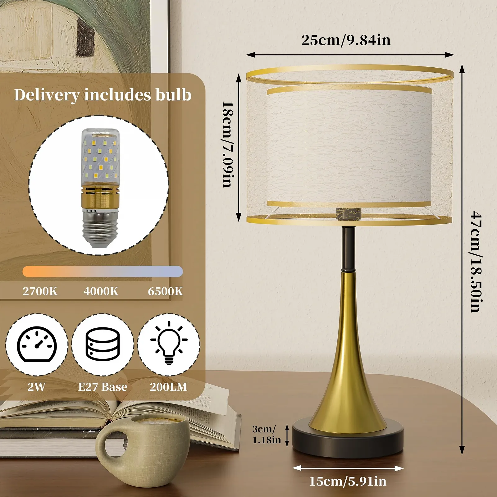 Настільна лампа LED PC Lampshade Gold Luxury Dimmable Золотиста, фото №3