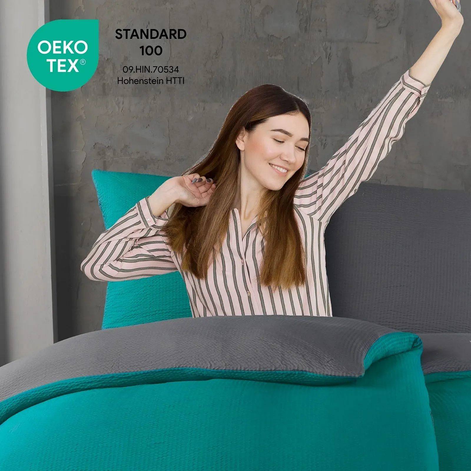 Постільна білизна Kuscheli Dreamhome 4 предмети двостороння тонкий сирсакер 2 x 135 x 200 см + 2 x 80 x 80 см сіро-блакитний, фото №3