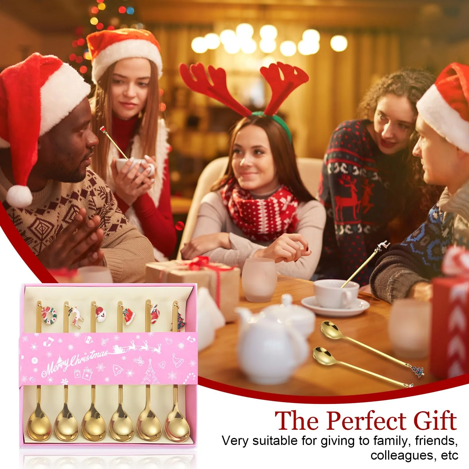 Рождественские ложки, 6 шт, рождественские кофейные ложки, с рождественским кулоном, рождественская чайная ложка из нержавеющей стали для десерта, десертная ложка, с подарочной упаковкой, для чая, супа (золотые), фото №4