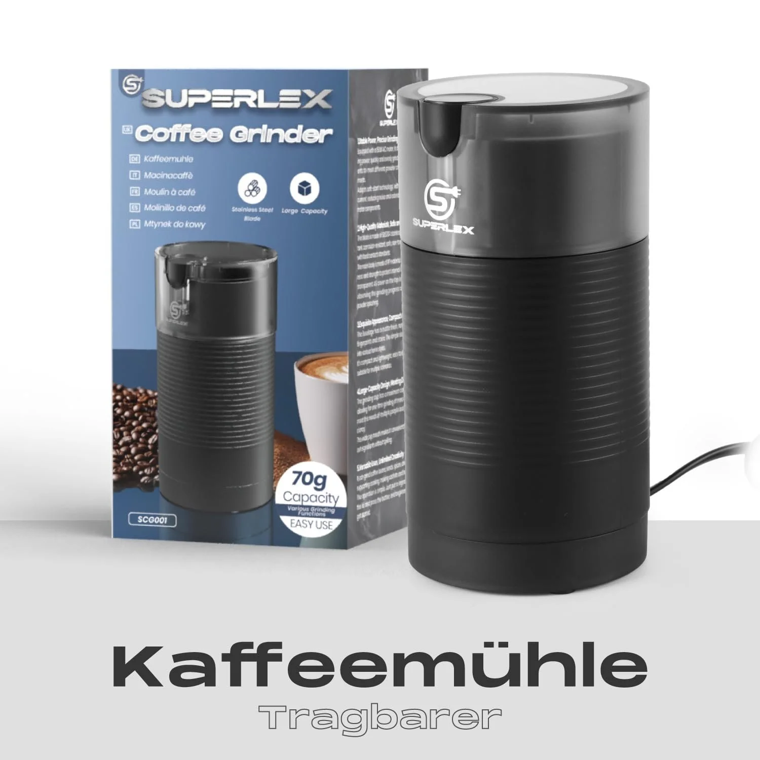 Електрична кавомолка 150 Вт, подрібнювач спецій з лезами з нержавіючої сталі, компактна для кави, бобів, горіхів, насіння, трав, фото №9