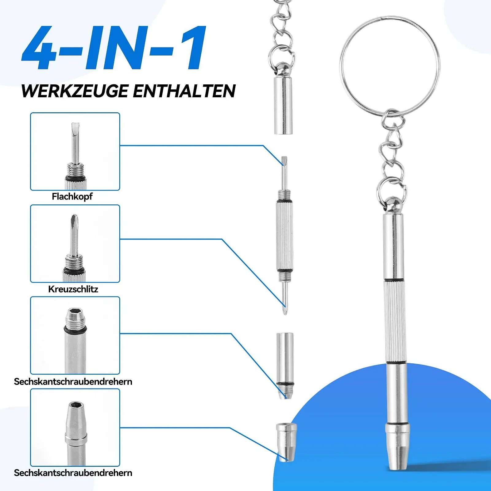 Міні-викрутка прецизійна 4 в 1 брелок-мультитул для окулярів та годинників нержавіюча сталь 2 шт., фото №2