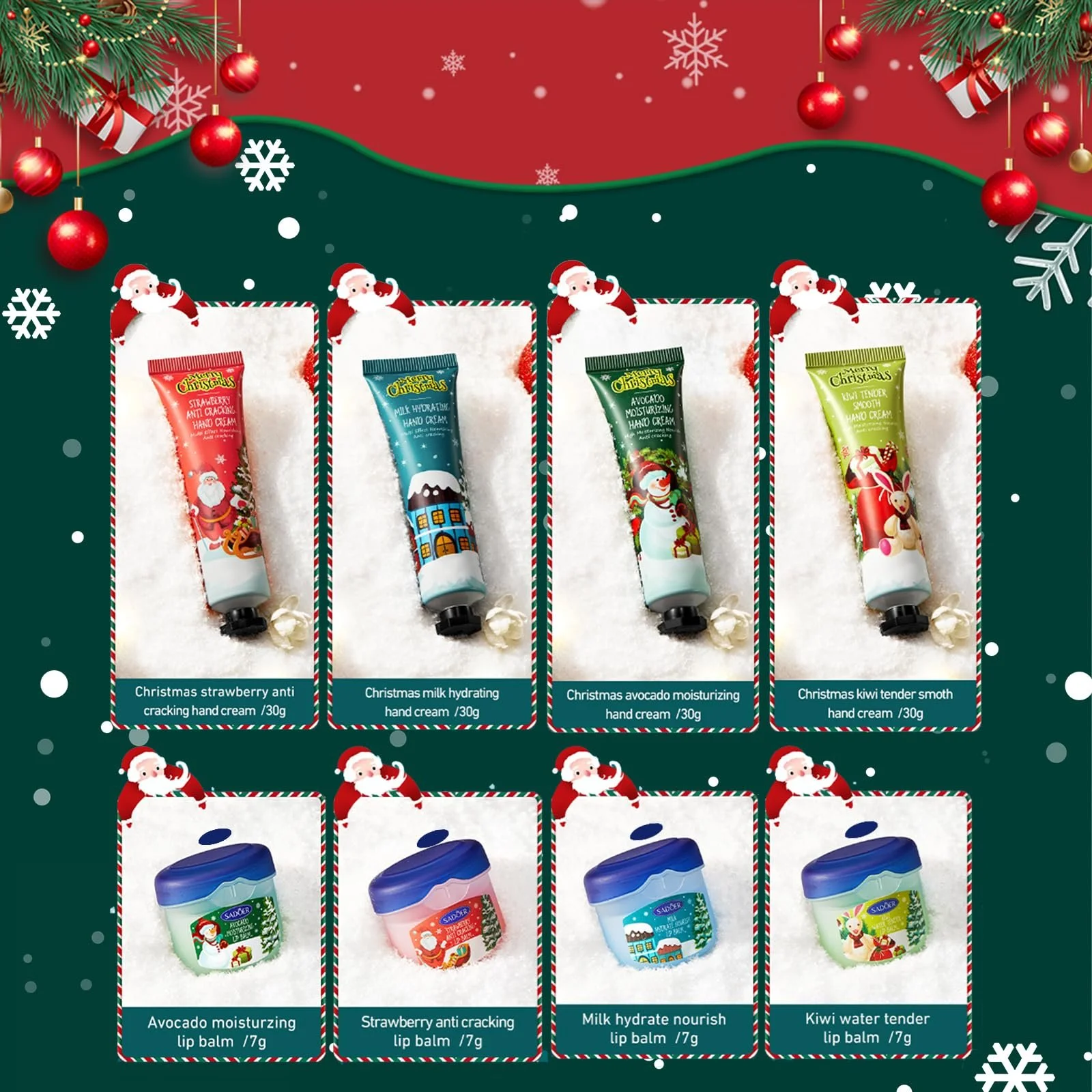 Крем для рук Рождественский набор 4 шт Мини-крем для рук + 4 шт Бальзам для губ Увлажняющий крем для сухой потрескавшейся кожи рук и ног для зимы Парфюмированный крем для рук, фото №6 Крем для рук Рождественский набор 4 шт Мини-крем для рук + 4 шт Бальзам для губ Увлажняющий крем для сухой потрескавшейся кожи рук и ног для зимы Парфюмированный крем для рук, фото №6