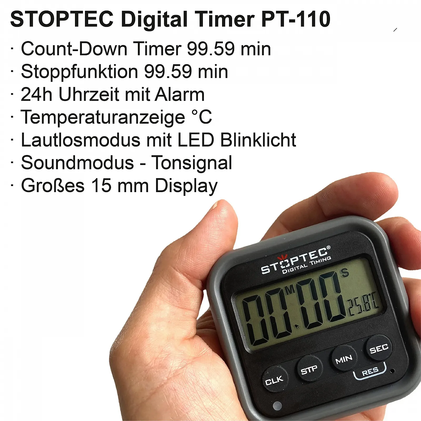Цифровой таймер STOPTEC PT-110 Обратный отсчет Секундомер Время и будильник Температура Спорт и отдых Бесшумный Магнитный держатель, фото №7