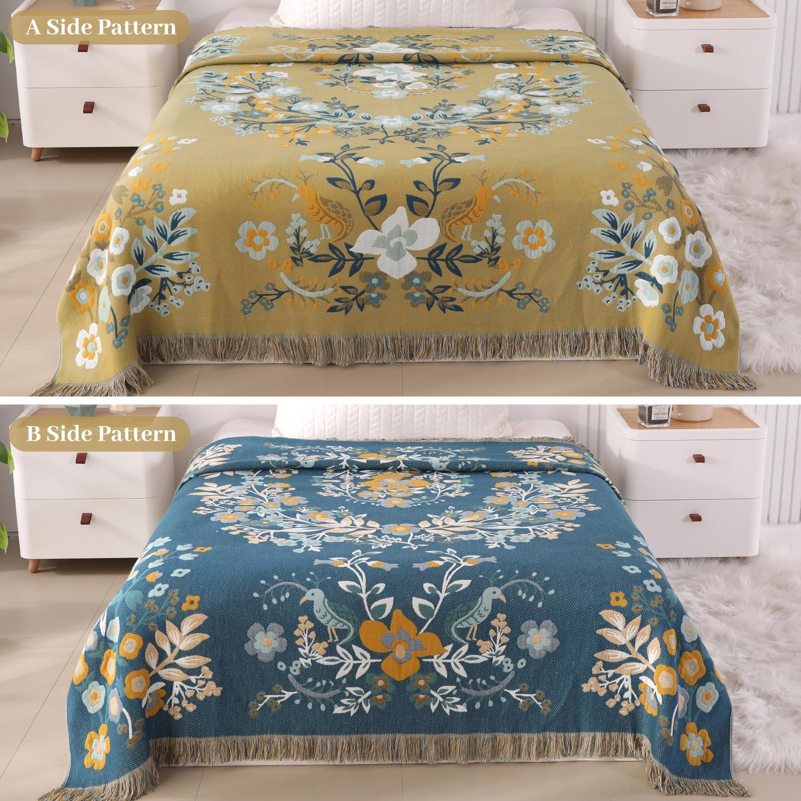 Покривало двостороннє DECMAY Велике Богемне покривало для дивану з китицями 100% бавовна Оливково-зелений 150x200см, фото №3 Покривало двостороннє DECMAY Велике Богемне покривало для дивану з китицями 100% бавовна Оливково-зелений 150x200см, фото №3