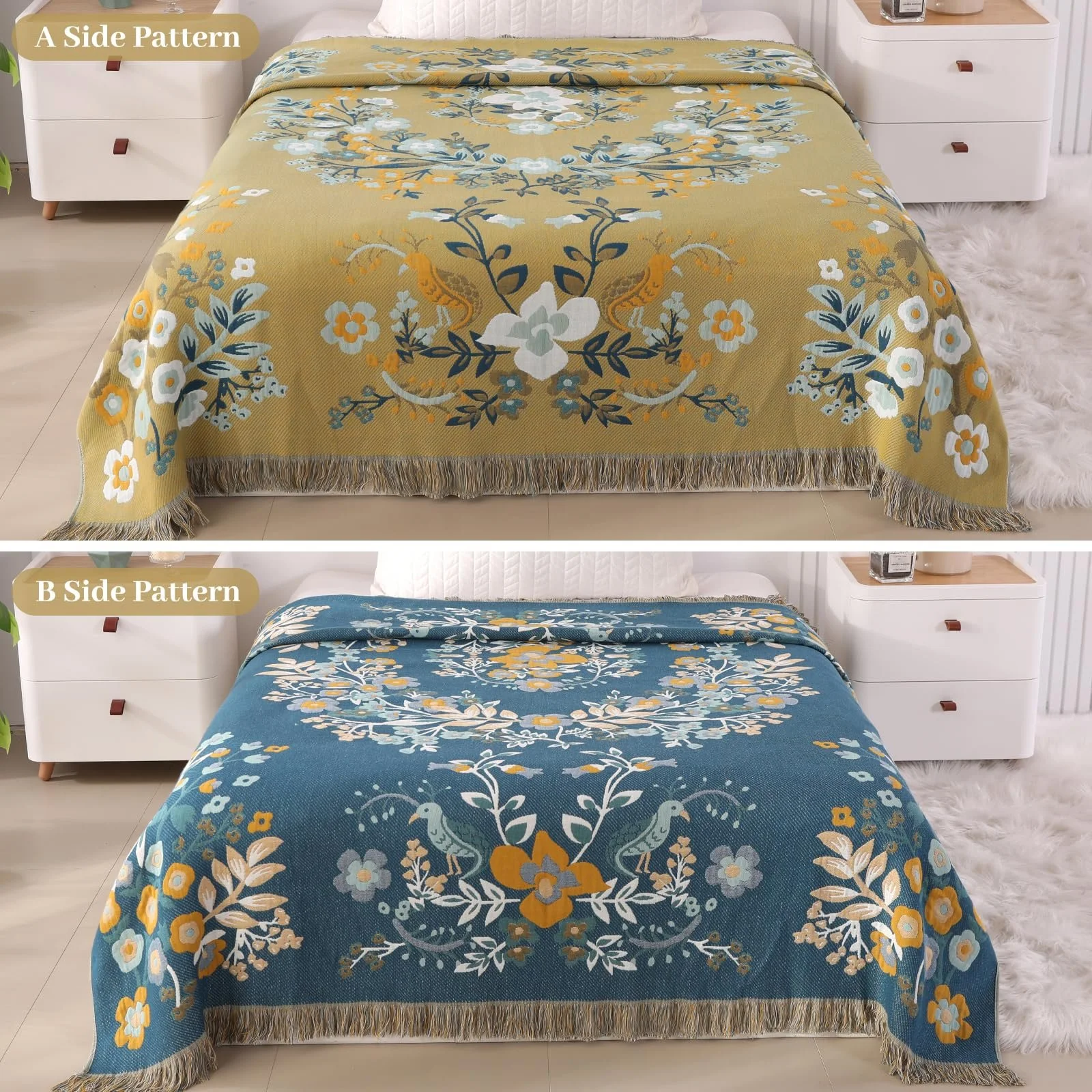 Покрывало двустороннее DECMAY Большое Богемное покрывало для дивана с кисточками 100% хлопок Оливково-зеленый 150x200см, фото №3