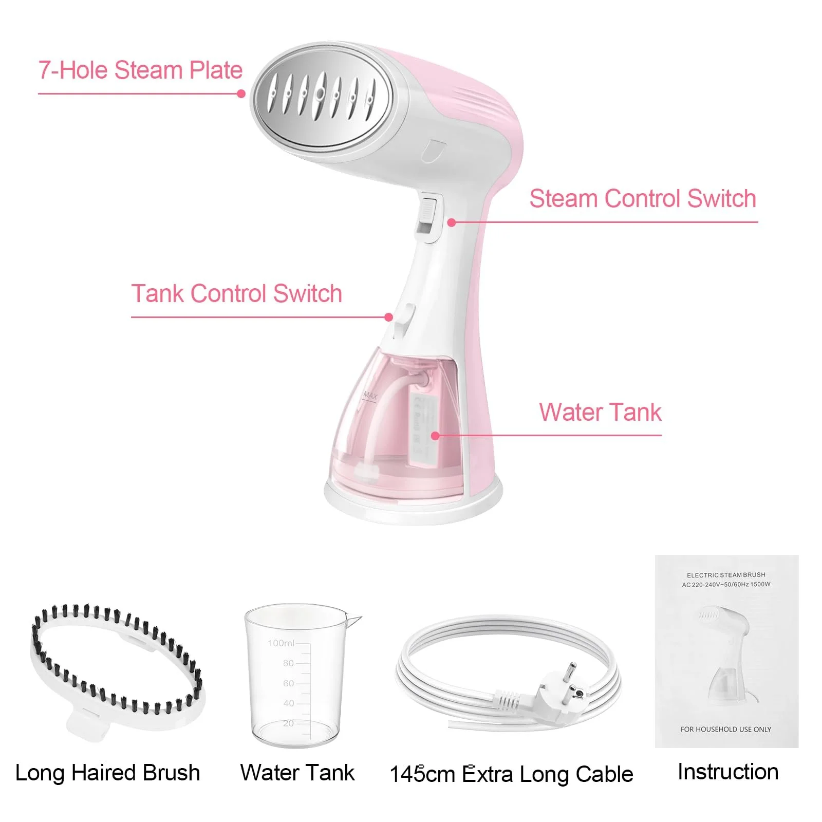 Відпарювач ручний 1500 Вт 300 мл Рожевий, фото №9