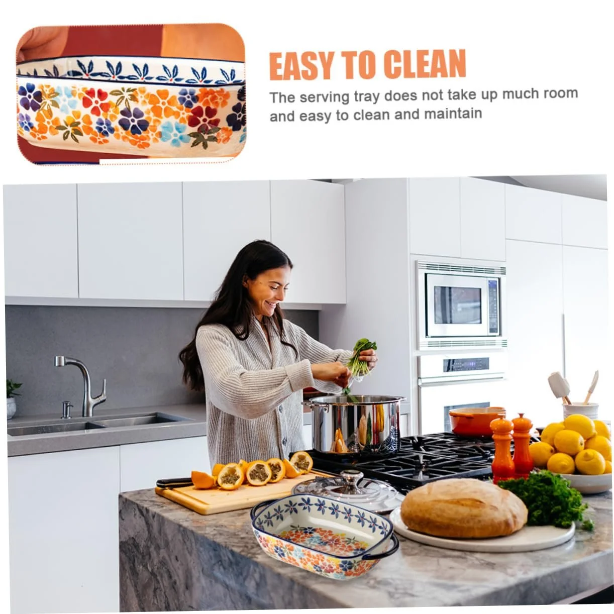 Керамическая форма для запекания Happyyami с двумя ручками термостойкая для риса и пасты, фото №3