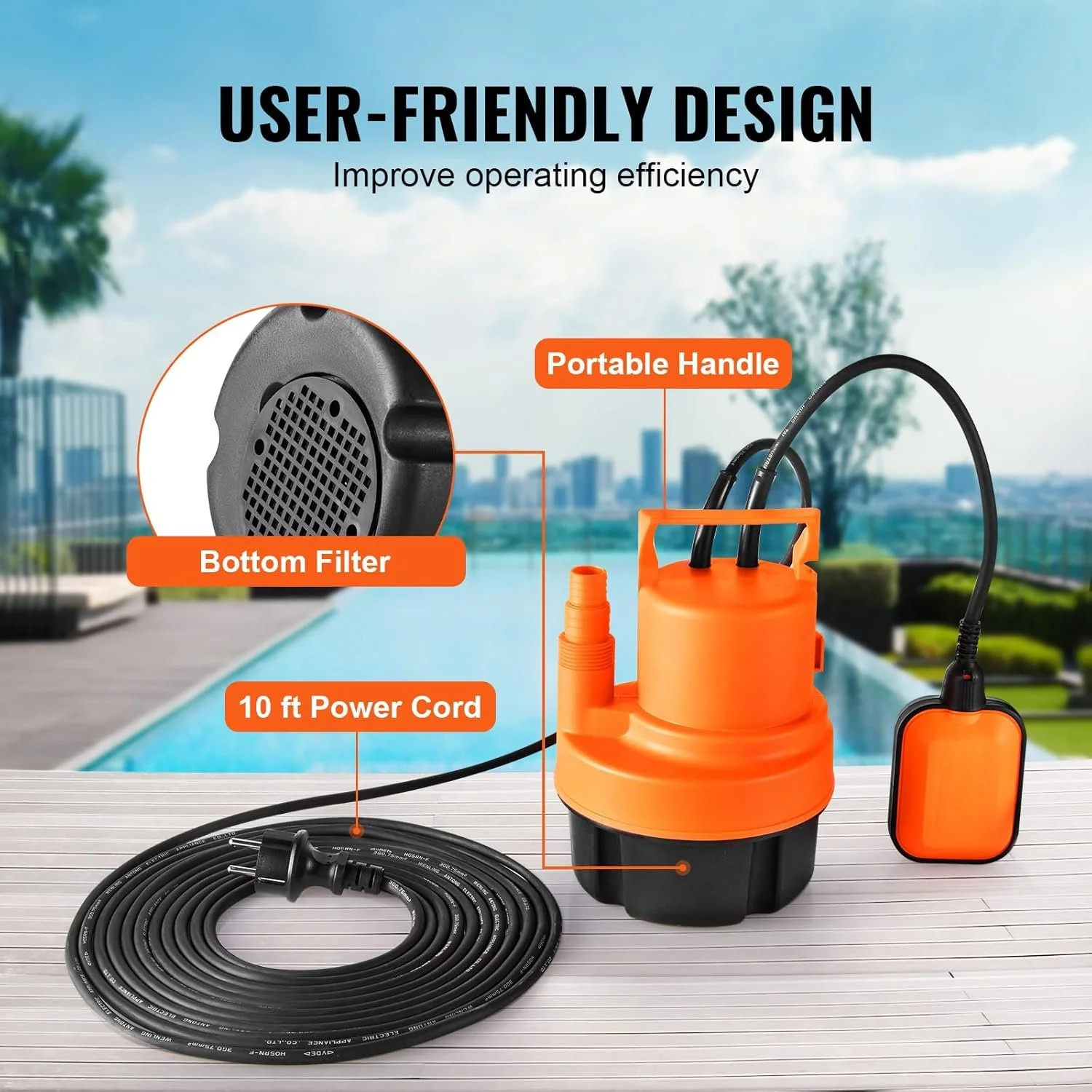 Занурювальний дренажний насос VEVOR ZXQ400 / 320 Вт / 6000 л/год / Напір до 7 м / Чорний-Помаранчевий, фото №6 Занурювальний дренажний насос VEVOR ZXQ400 / 320 Вт / 6000 л/год / Напір до 7 м / Чорний-Помаранчевий, фото №6