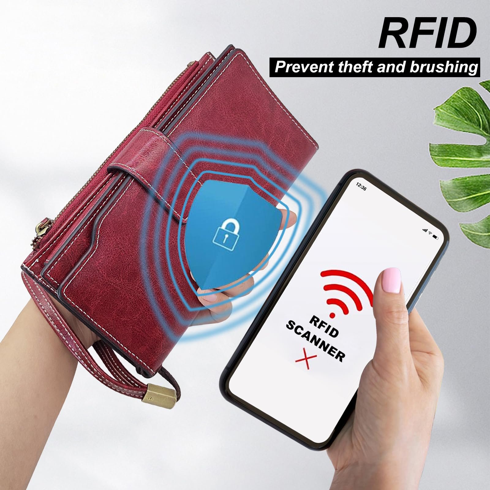 Кошелек FuninCrea Женский RFID Большой вместимости Кожаный 20 отделений для кредитных карт Карман для монет на молнии Красный, фото №5