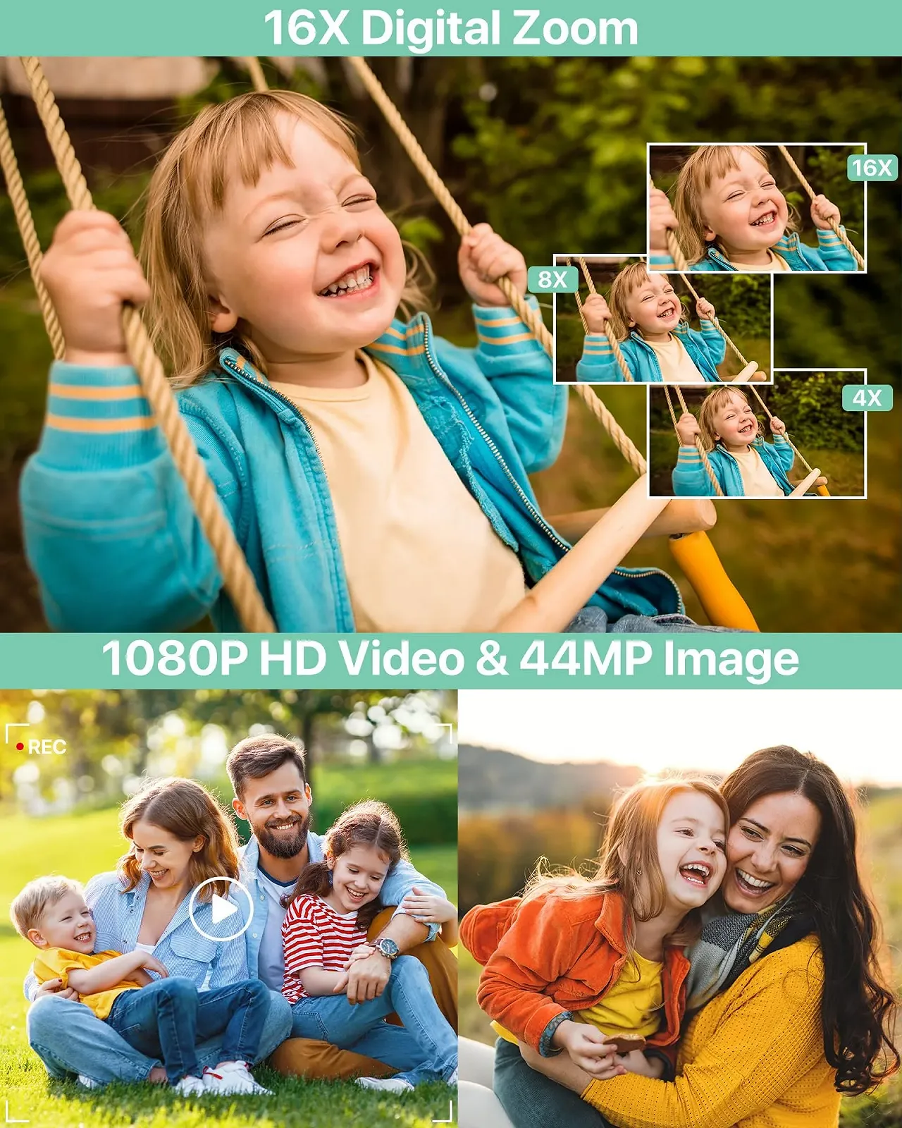 Цифрова камера 1080P 44MP 2,4-дюймовий LCD-екран 16x цифровий зум 32G Micro Memory Card 1 акумулятор Green, фото №2