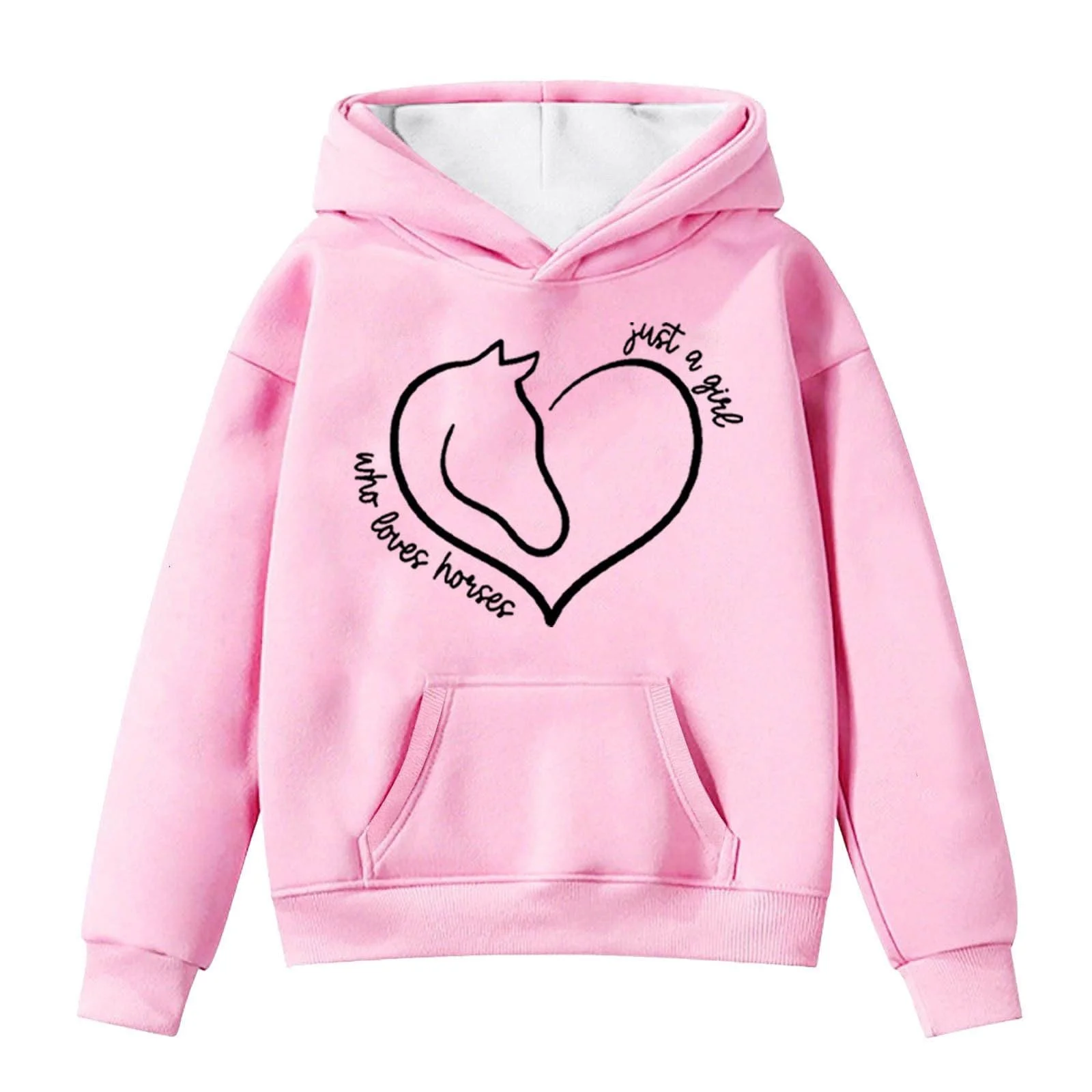 Пуловер для мальчиков 176 - Толстовки и свитшоты для девочек, зимний теплый флисовый пуловер с карманом, милый принт лошадки, длинный рукав, повседневная толстовка с капюшоном для малышей, фото №1
