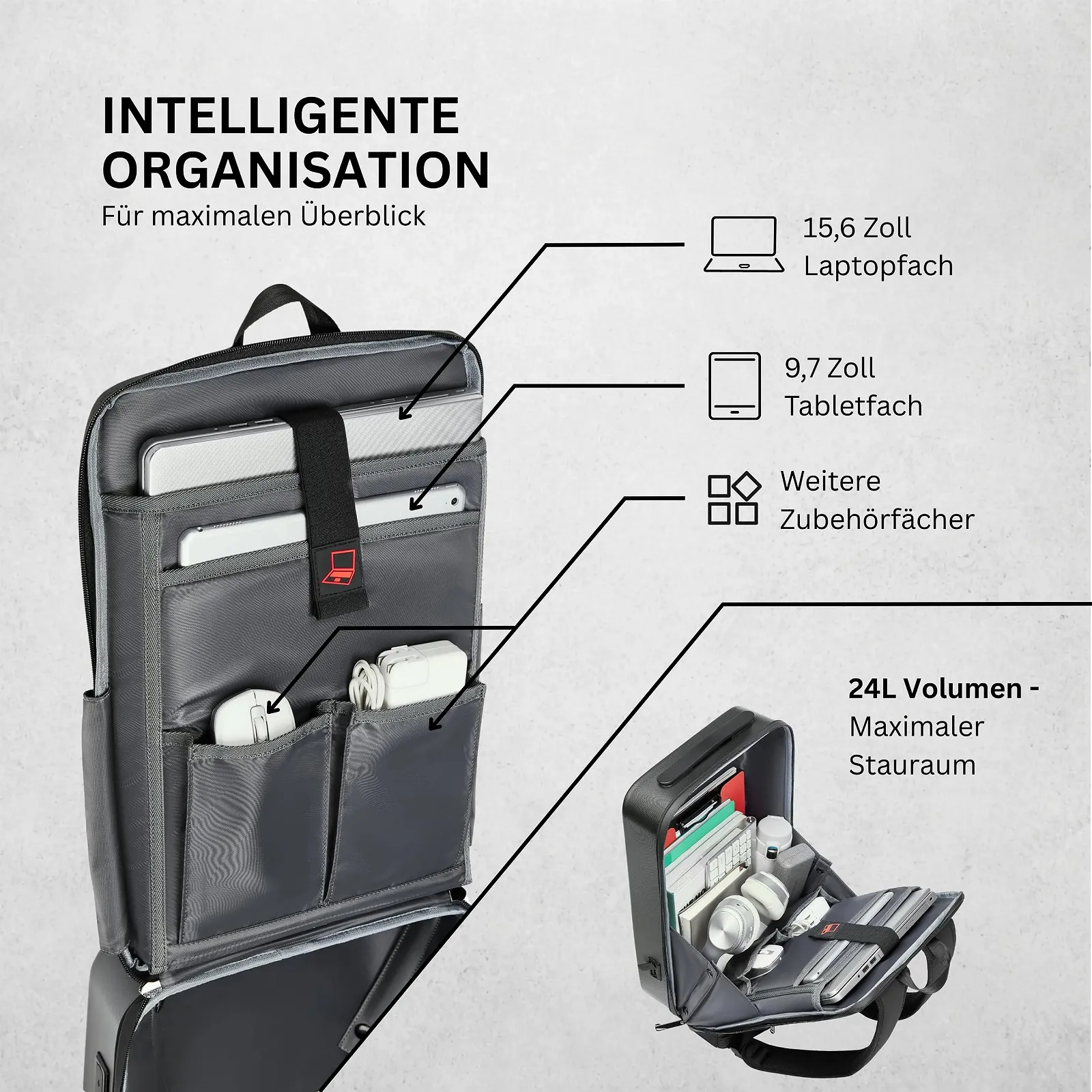 Рюкзак для ноутбука NOVARO Hard Shell 15.6 дюймов жесткий корпус водонепроницаемый 24л USB TSA, фото №3