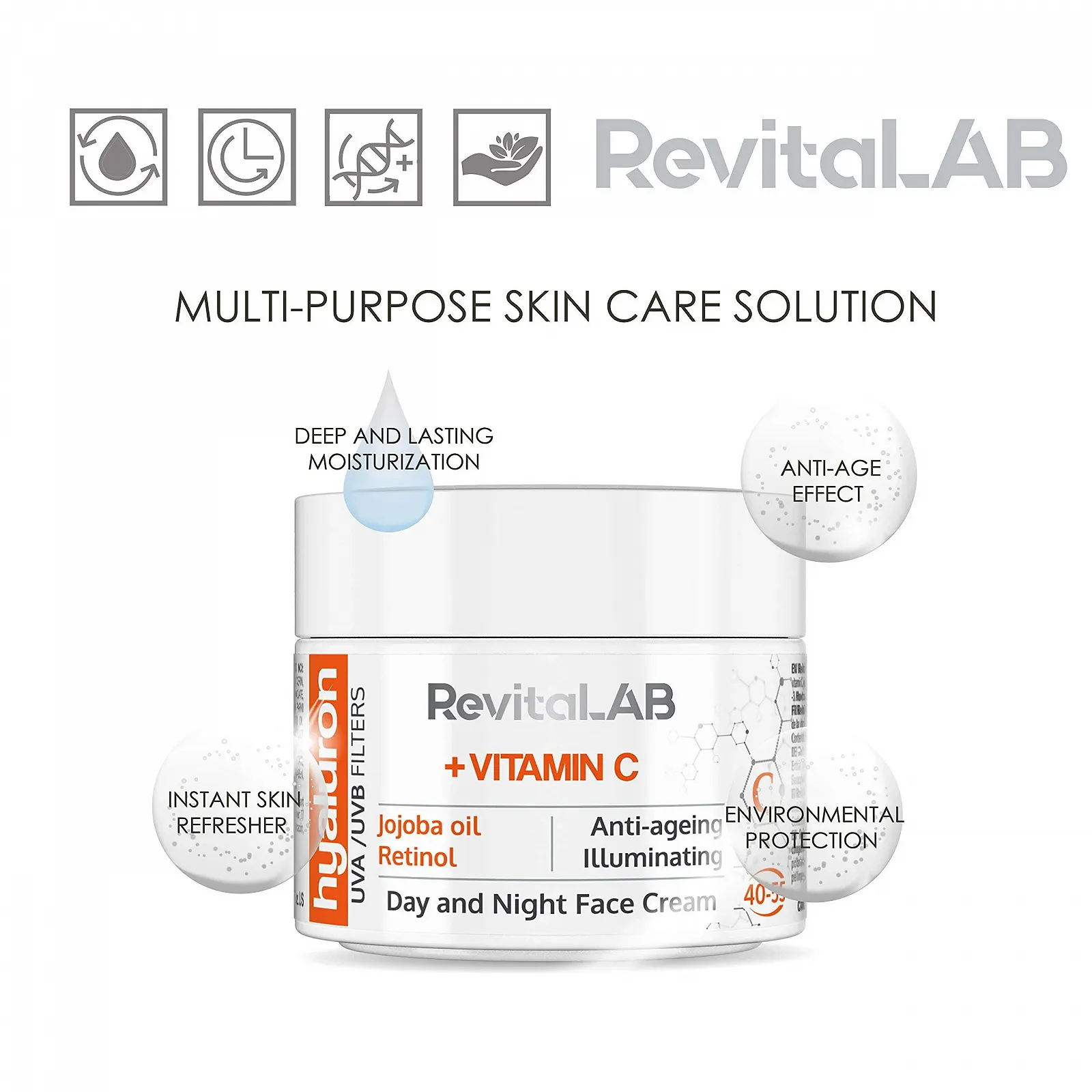 Денний та нічний крем RevitaLAB Hyaluronic Anti-Ageing з вітаміном C, олією жожоба та UV-фільтрами 40-55 років 50 мл, фото №3