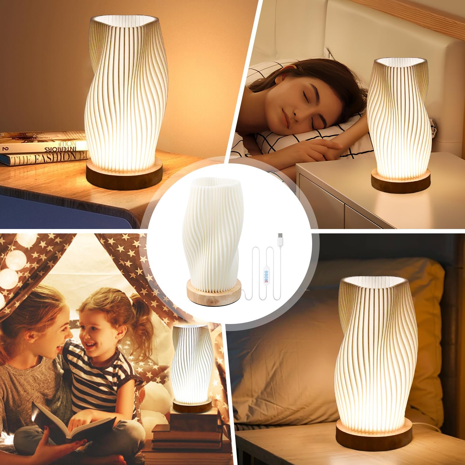 Настільна лампа з дерев'яною основою та плафоном PLA 9 рівнів яскравості USB 21x11 см, фото №8