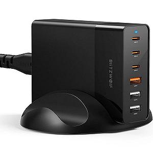 Быстрая GaN зарядка 75 Вт Blitzwolf BW-S25 6-портовое зарядное устройство 3хUSB А, 3хType C - Фото 1